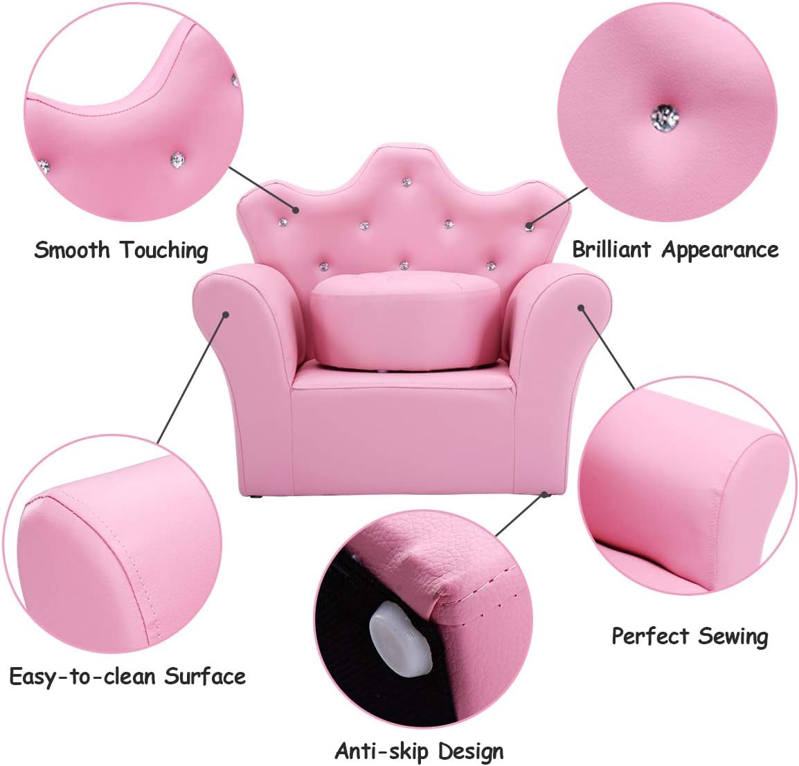 Front view of a pink crown-back toddler chair with close-up circles highlighting stitching, crystal studs and anti-slip foot.