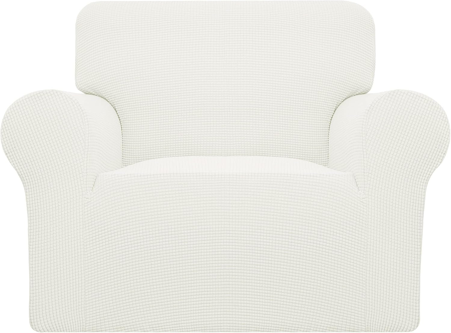 Cropped front view of a single armchair in clean white cover highlighting the arm-to-seat seam