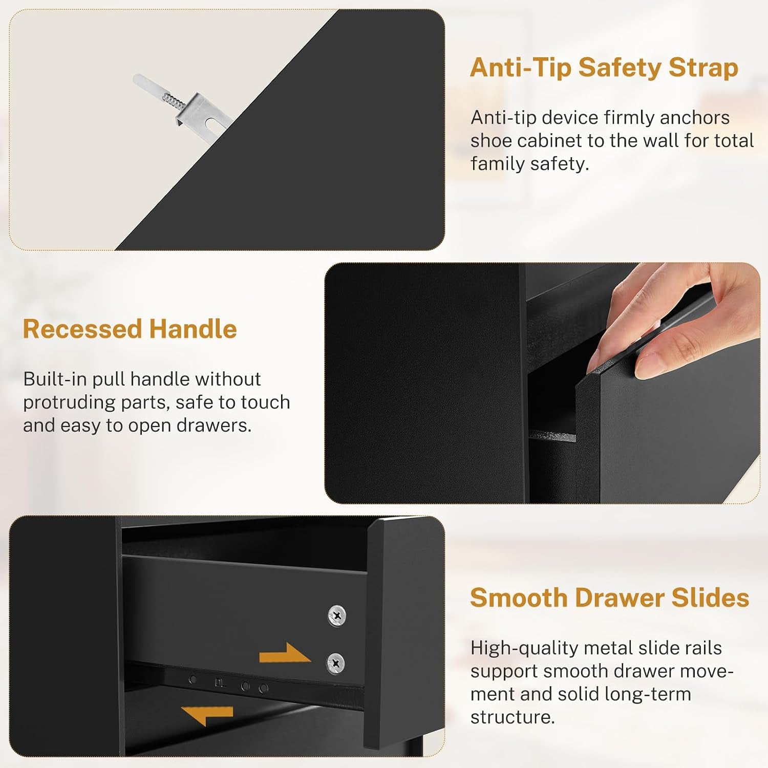 Collage of close-ups showing anti-tip hardware, recessed drawer handle, and metal drawer slide detail.