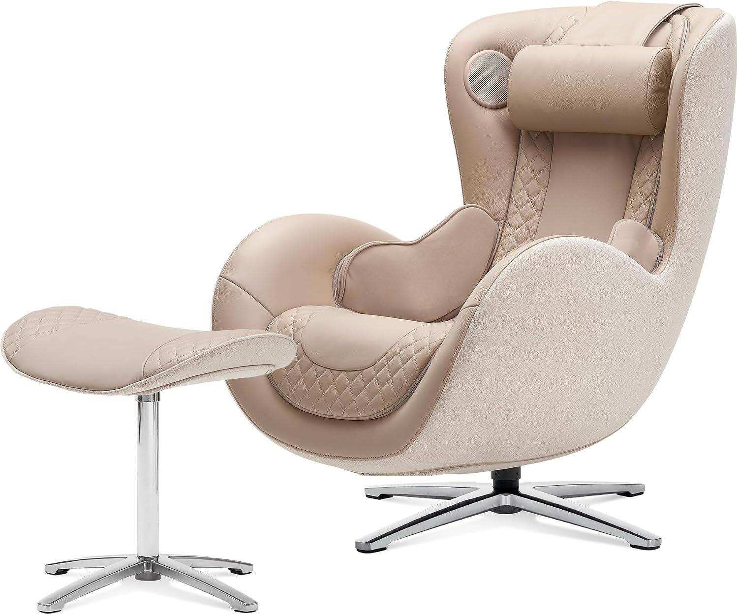 Caramel leather and light fabric massage chair with quilted accents and matching ottoman on a chrome swivel base.