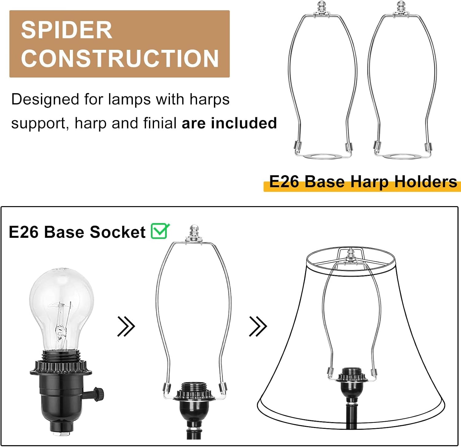 Diagram of spider-frame construction with two E26 base harp holders and installation illustration