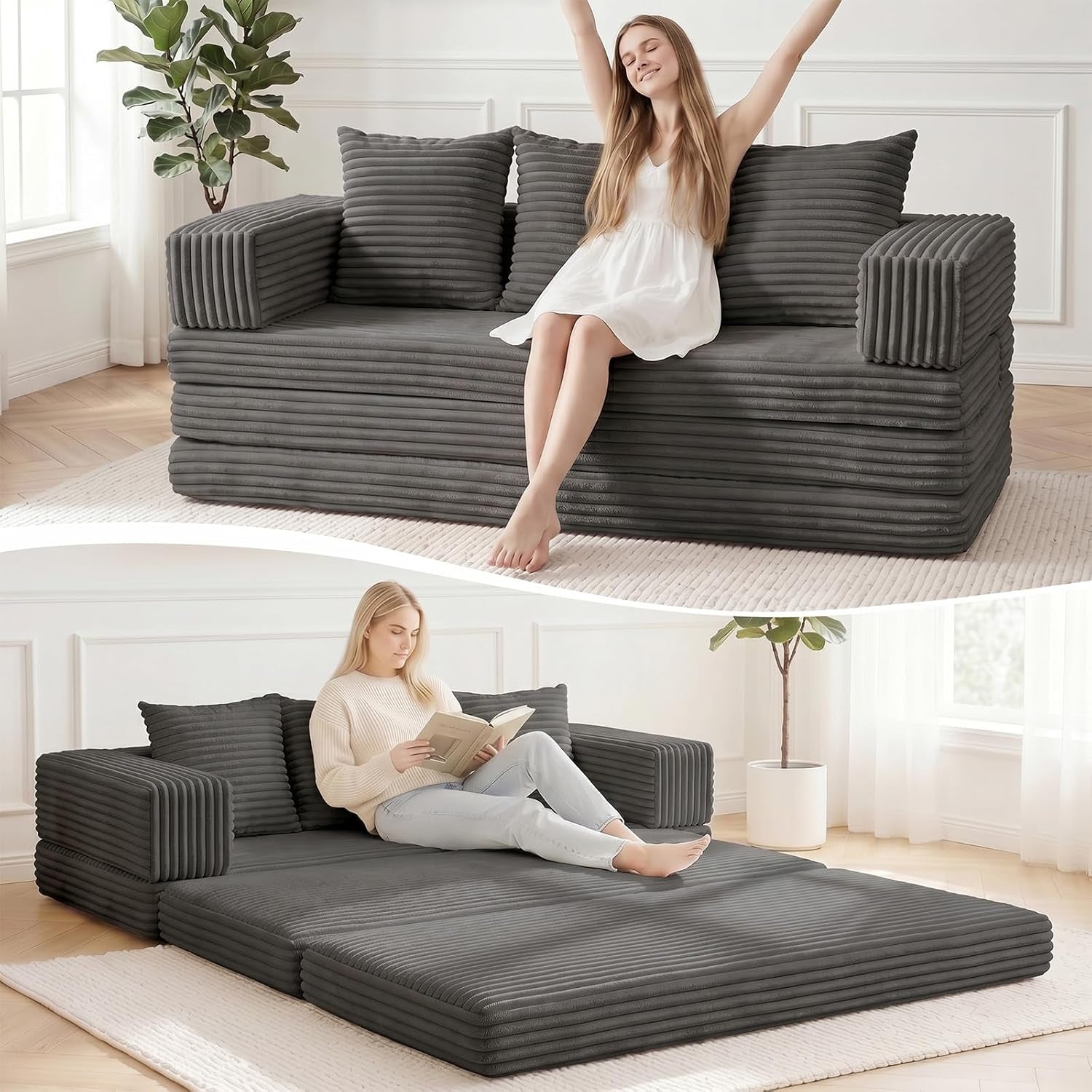 Dark gray convertible floor couch shown as sofa above and folded out flat with a woman reading