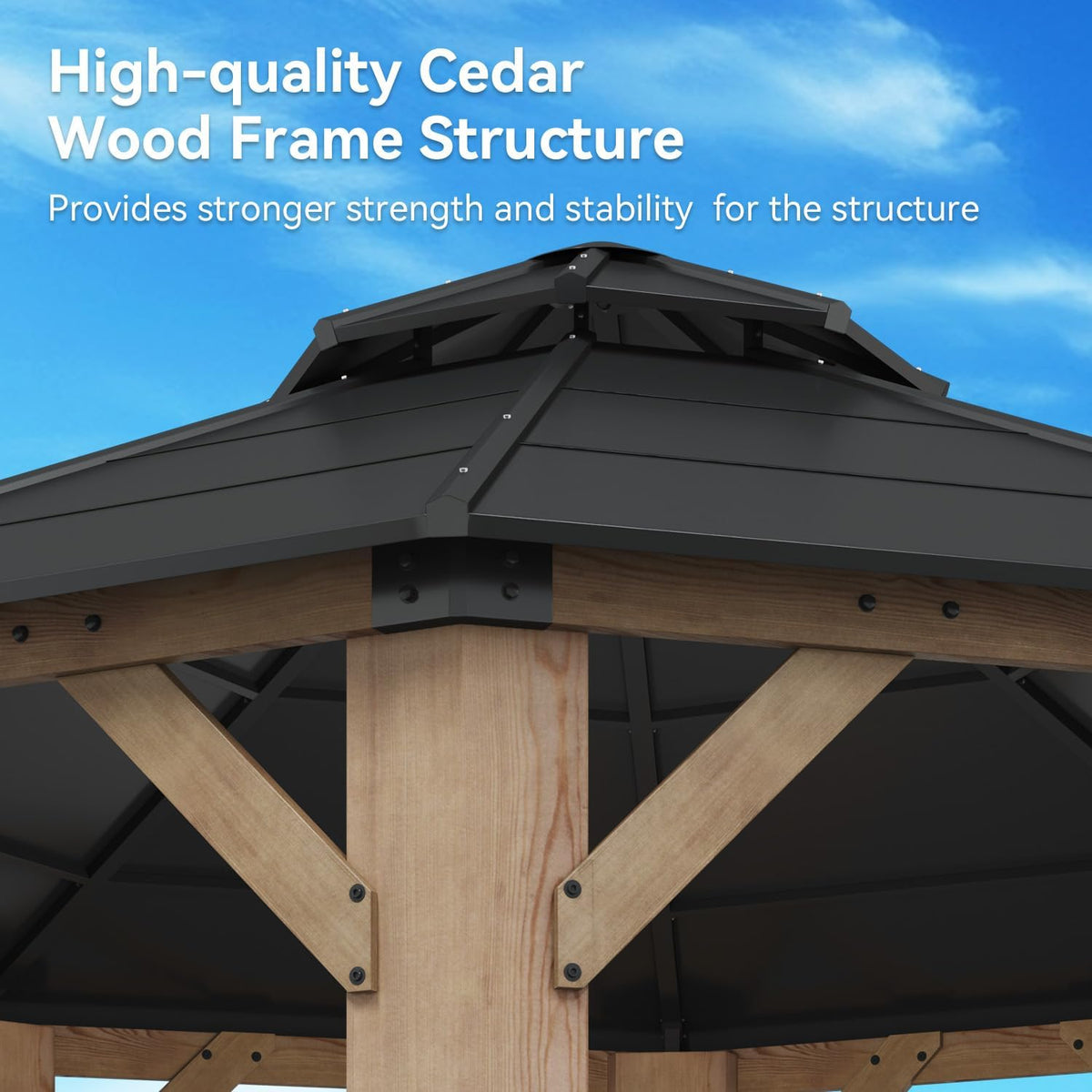 Low-angle close-up of the gazebo's black metal roof edge and a natural cedar post with metal corner bracket