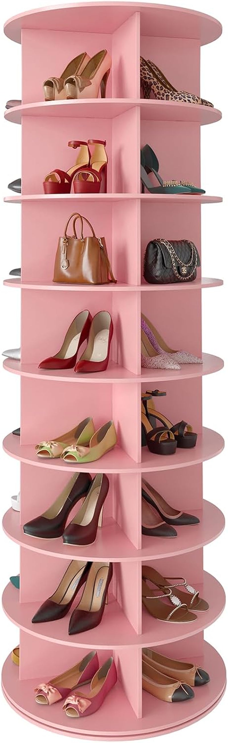 Pink 7-tier rotating shoe rack shown front-right three-quarter view with assorted shoes on each shelf.