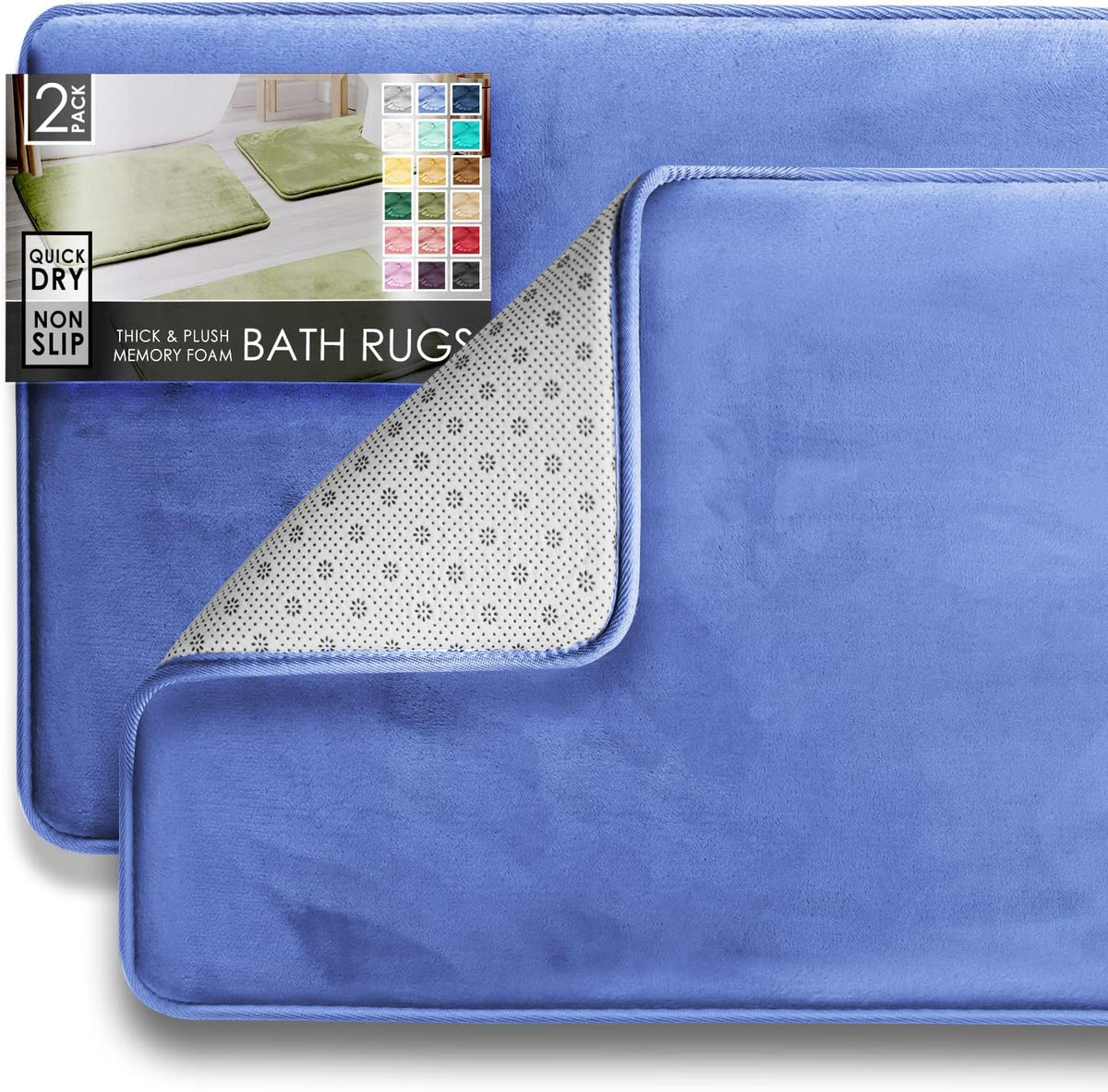 Top-down close view of two stacked light blue rectangular rugs, one corner flipped to show dotted non-slip underside and