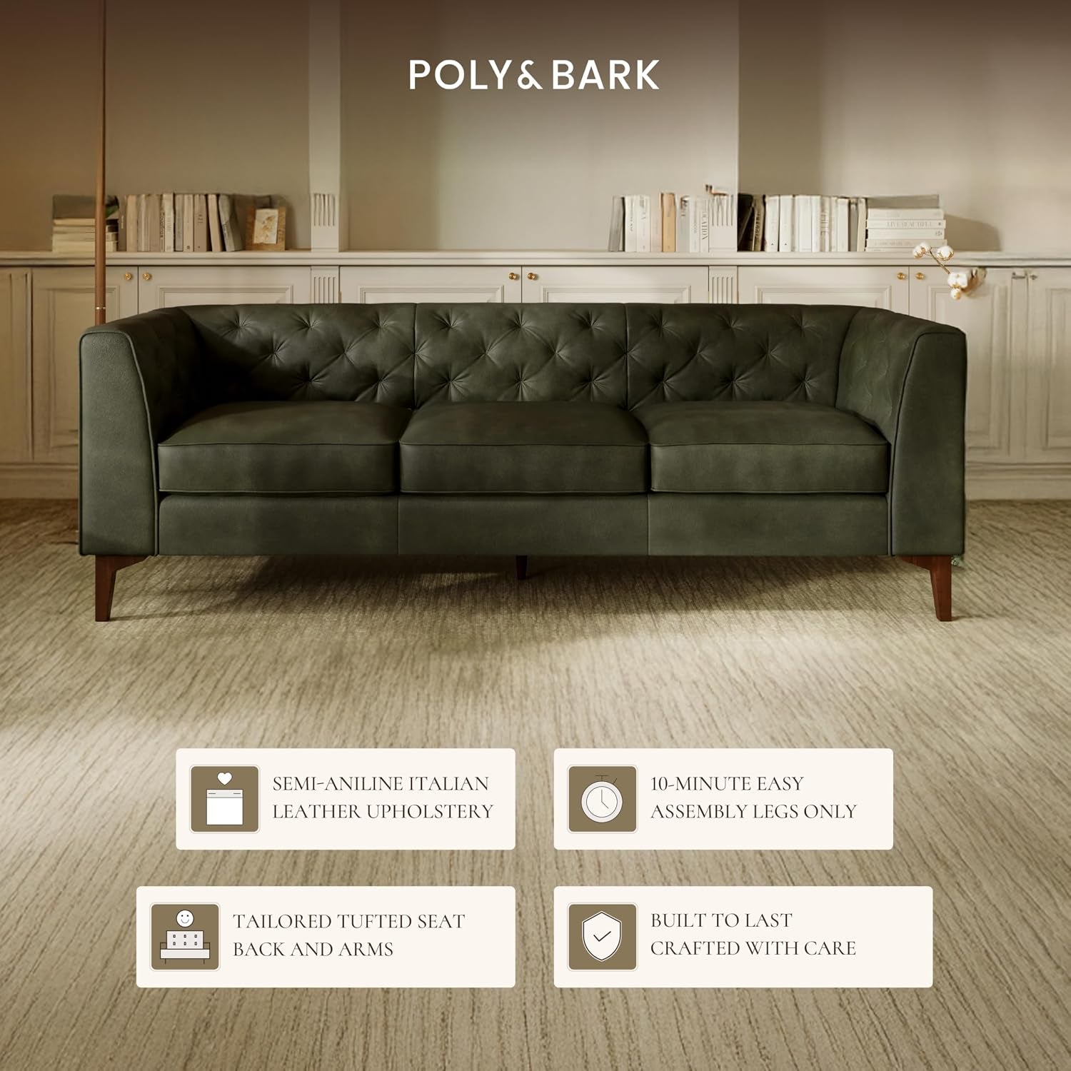 Poly & BARK Essex 89” Full-Grain Italian Leather Sofa – Tufted Back, Feather-Down Comfort, Solid Wood Frame, Olivine Green
