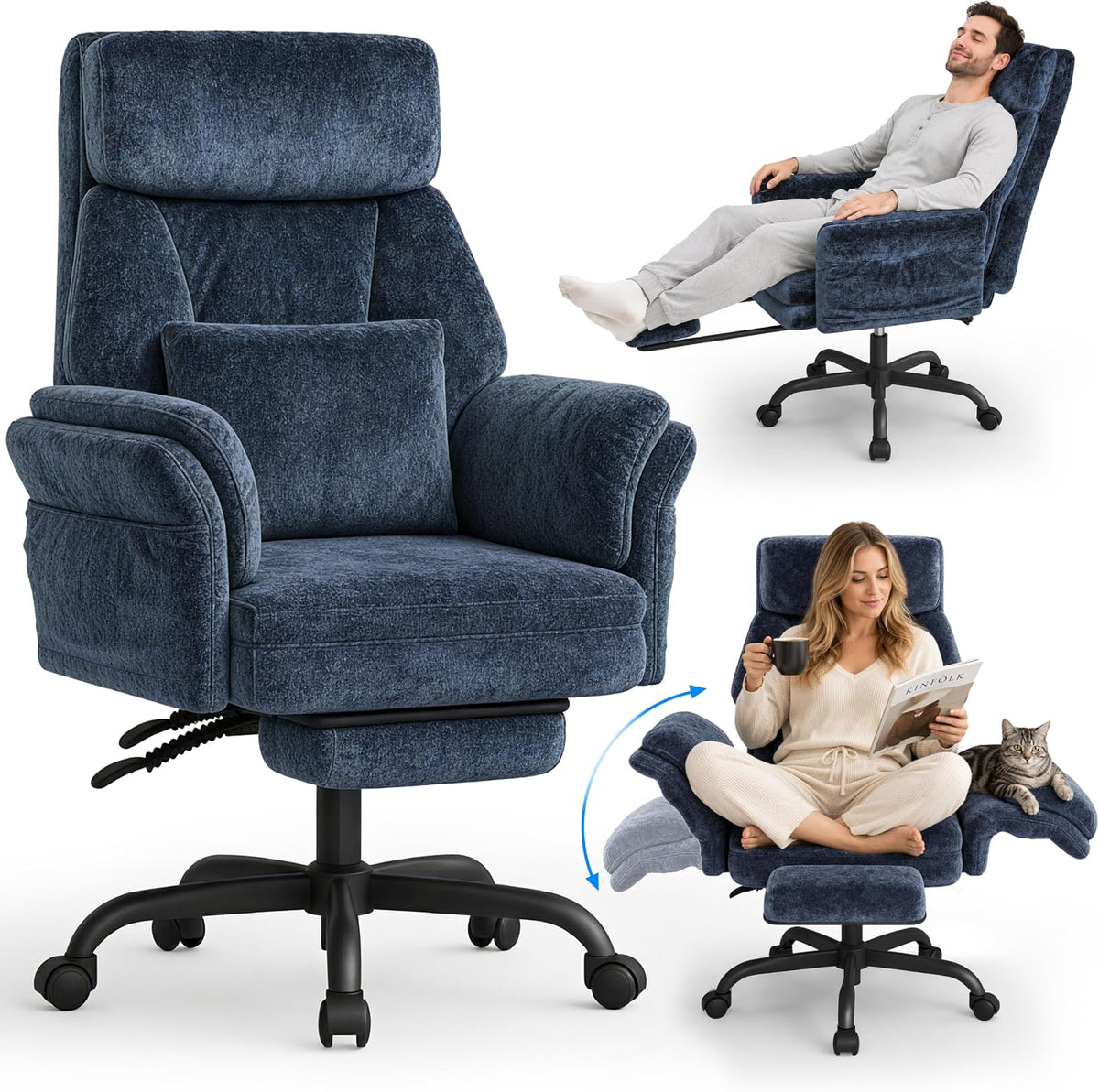 Three-quarter view of a plush dark blue velvet office recliner on casters, shown upright and reclined with people using it.