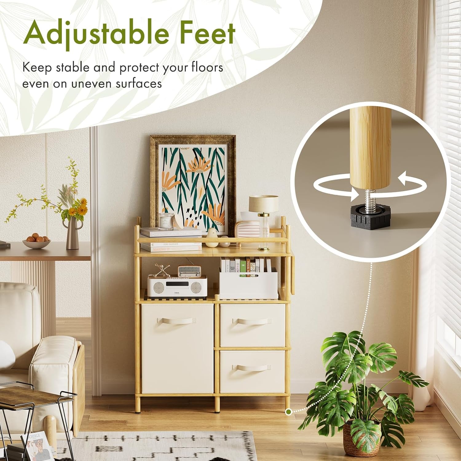 Bamboo storage unit shown in a room with a close-up inset illustrating an adjustable screw foot