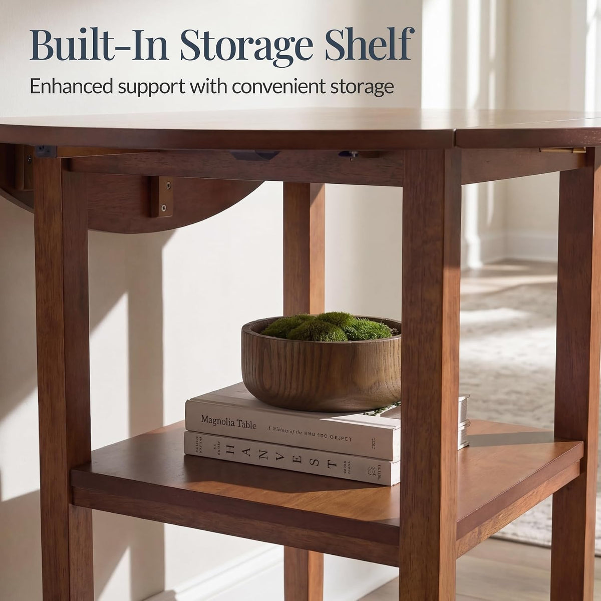 Close view beneath the chestnut table showing its built-in lower shelf