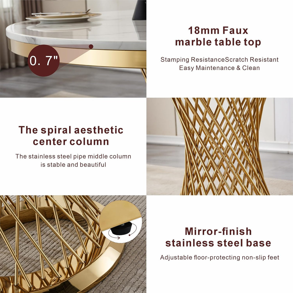 Feature collage showing 0.7-inch faux marble top, spiral stainless steel center column and adjustable non-slip feet