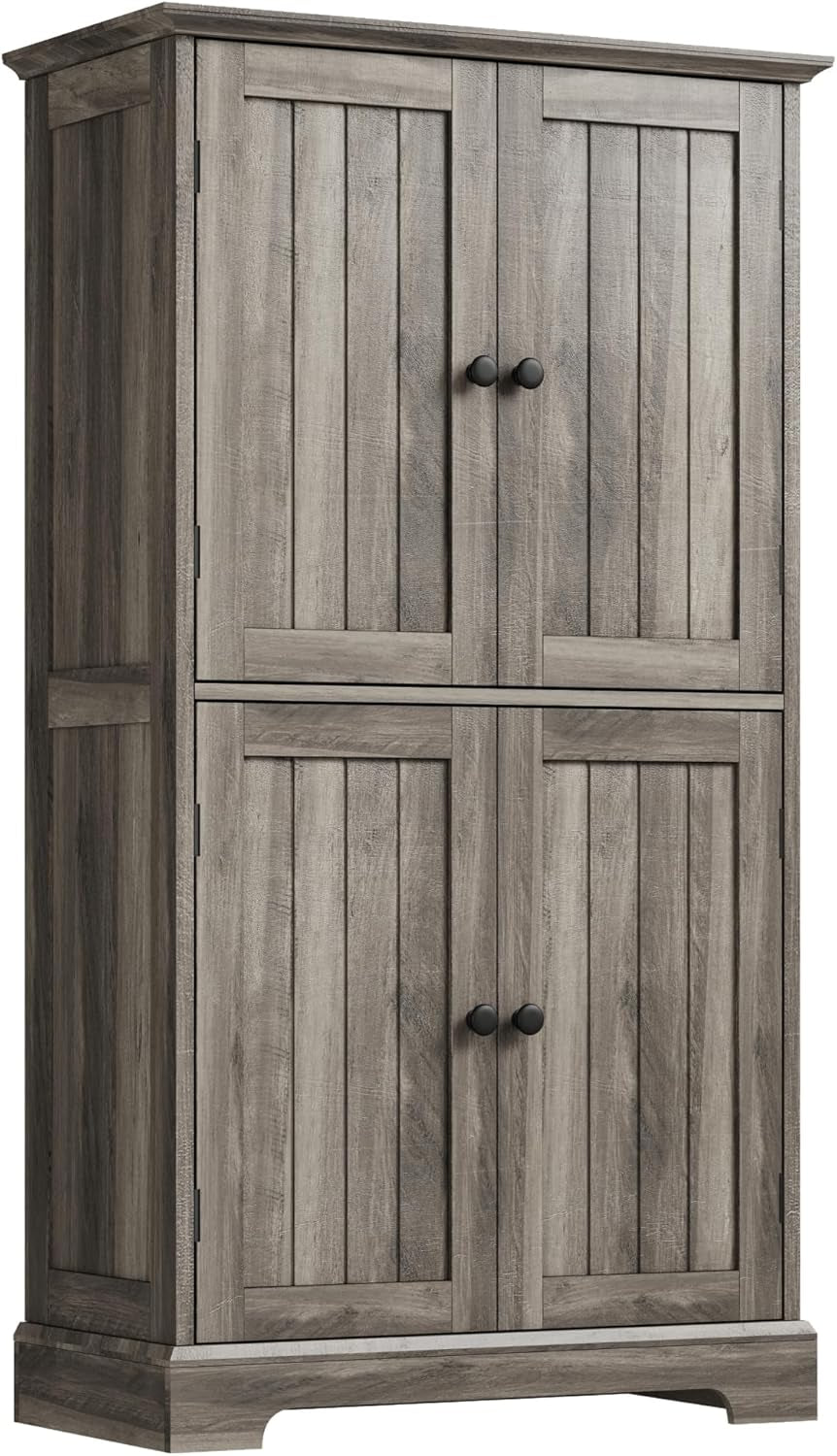 Freestanding four-door tall cabinet in weathered gray wood finish with vertical slat door panels.