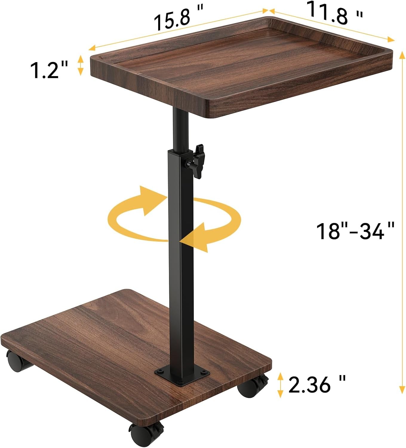 C-shaped wheeled side table in walnut finish with adjustable-height stem and rectangular tray top.