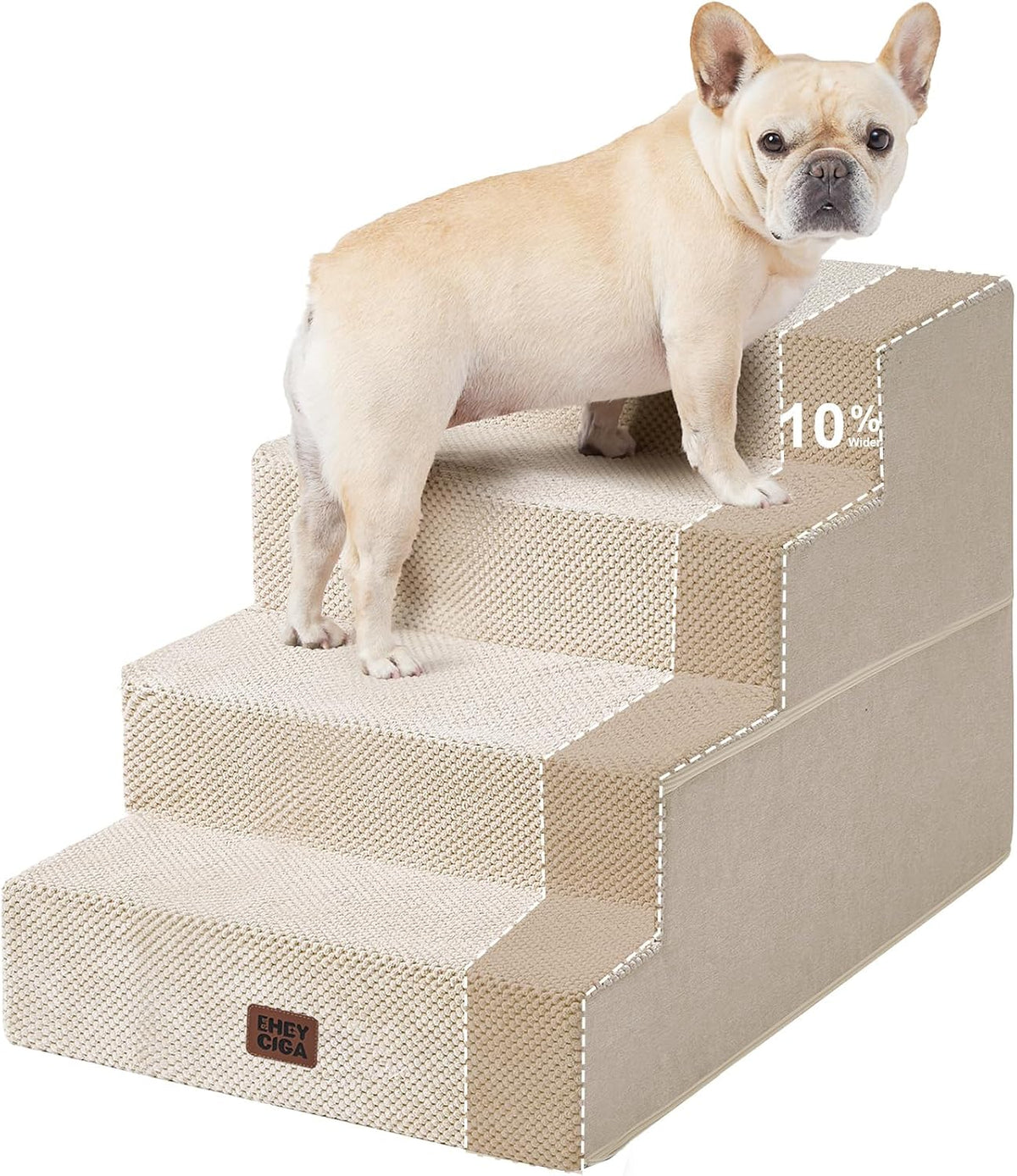 Light beige four-step pet stairs with a fawn dog standing on them and dotted outline highlighting the step edges