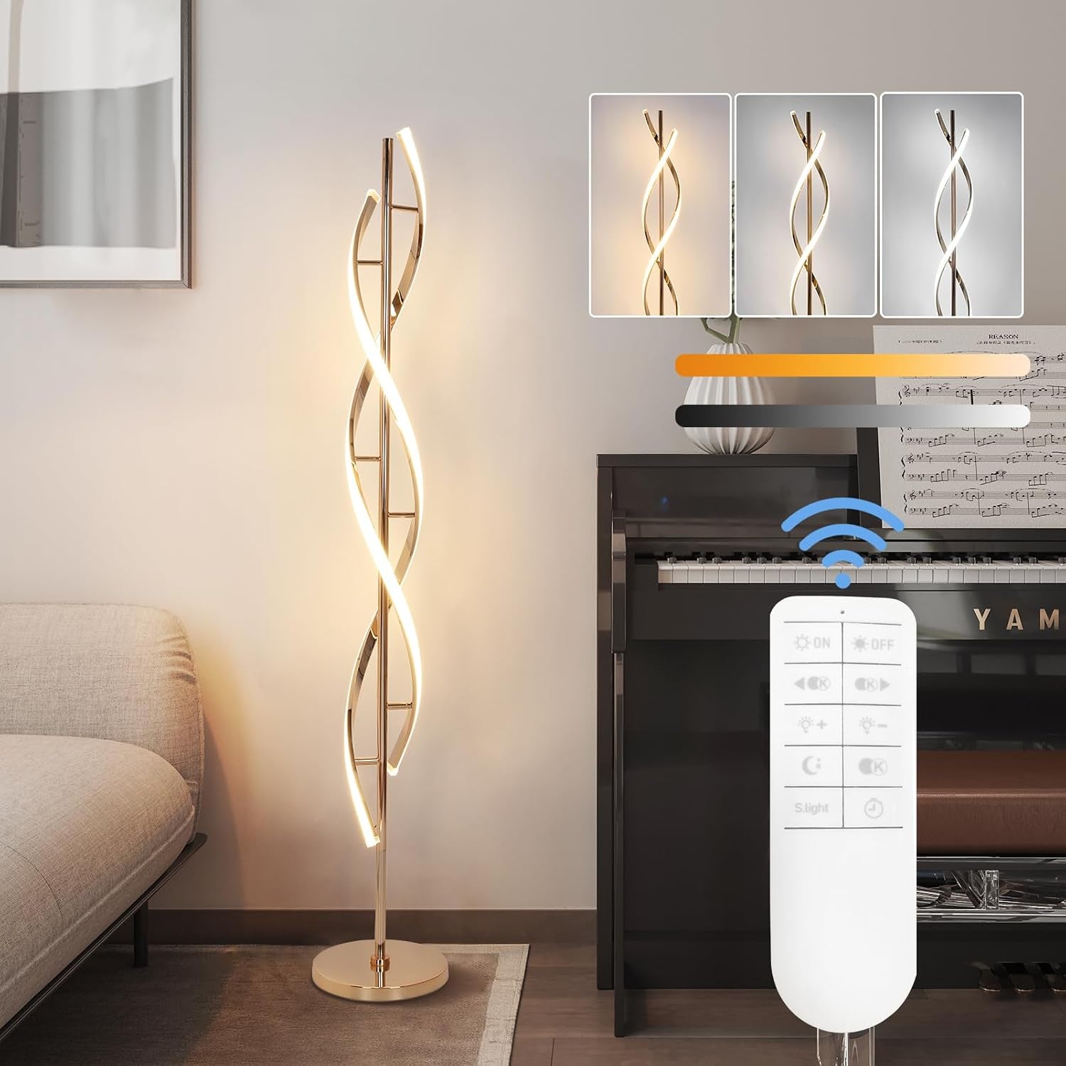 Tall spiral LED floor lamp with warm glow beside a sofa and piano, remote control graphic overlay.