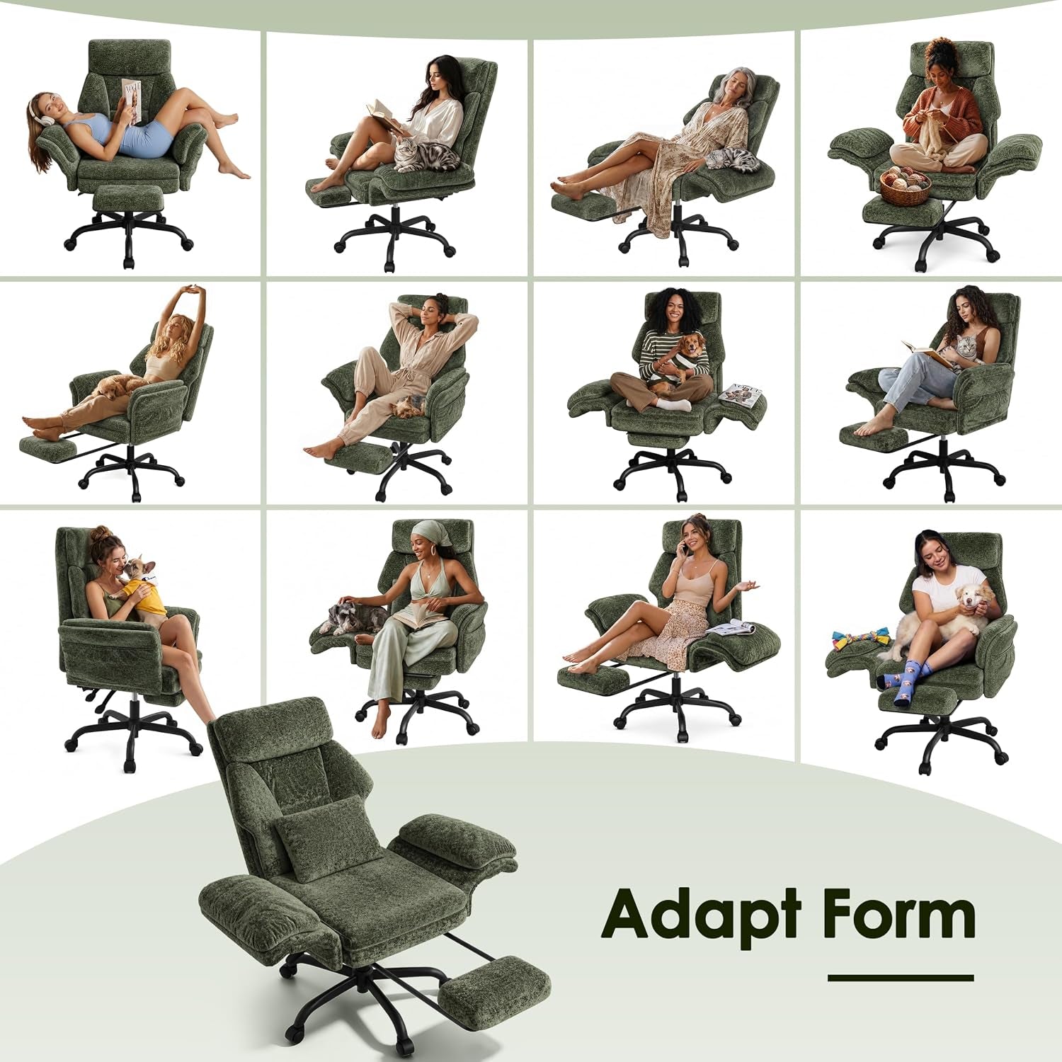 Grid of multiple photos showing the green recliner in many positions with different people and pets using it.