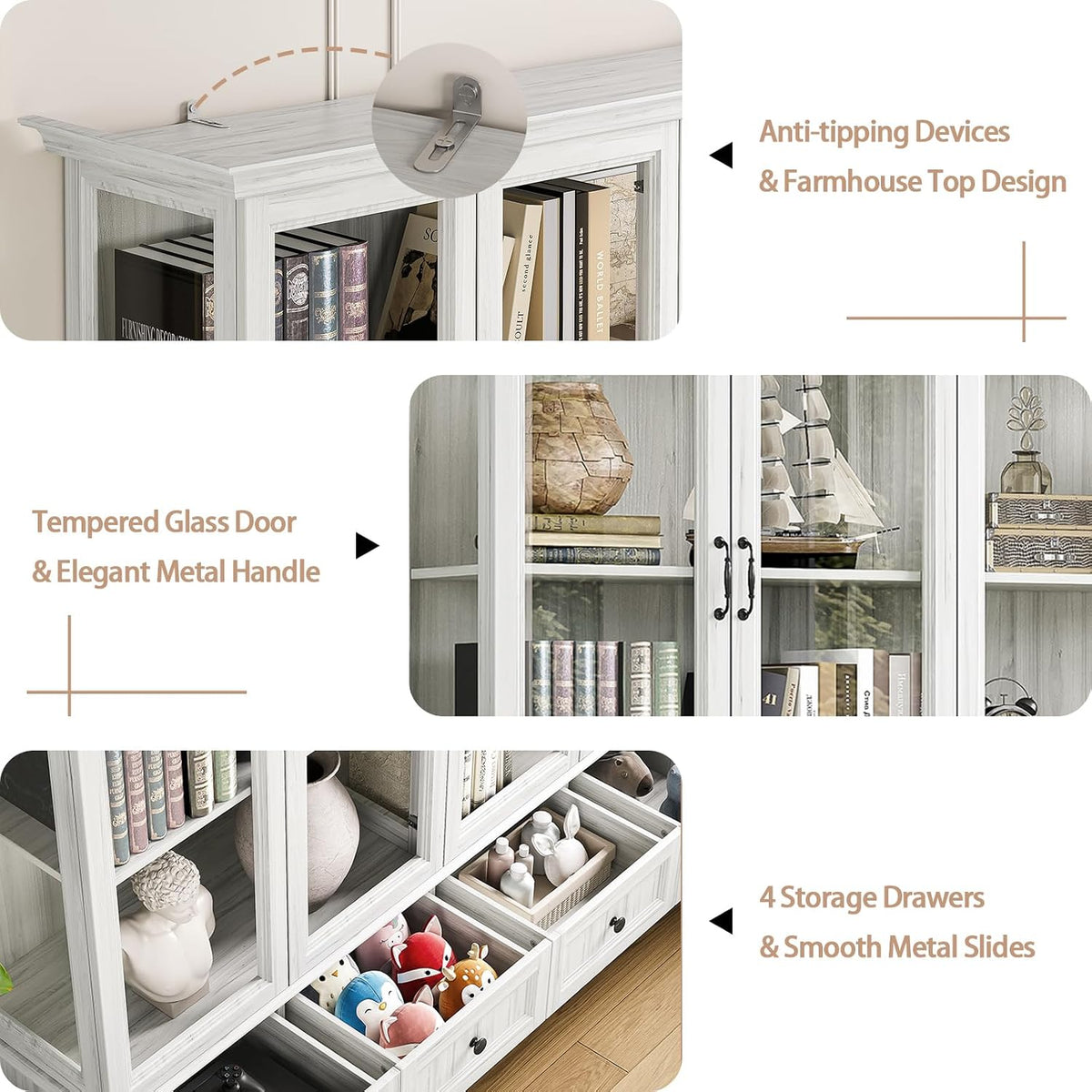 Close crop of the cabinet doors and interior shelves in a light grey finish with visible wood grain
