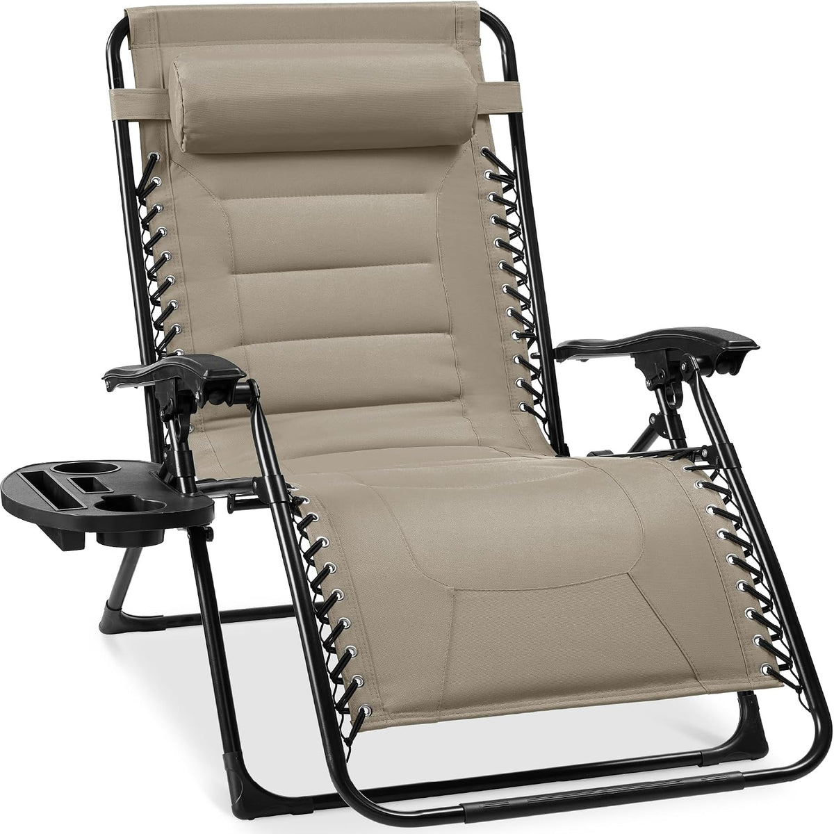 Close-up of a tan zero-gravity reclining chair showing padded seat, head pillow, armrests and cup holder tray