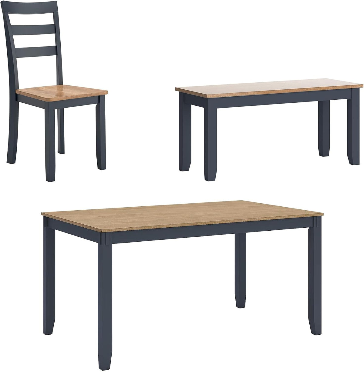 Isolated product shots on white background: chair, bench, and rectangular table with dark gray base and wood top.