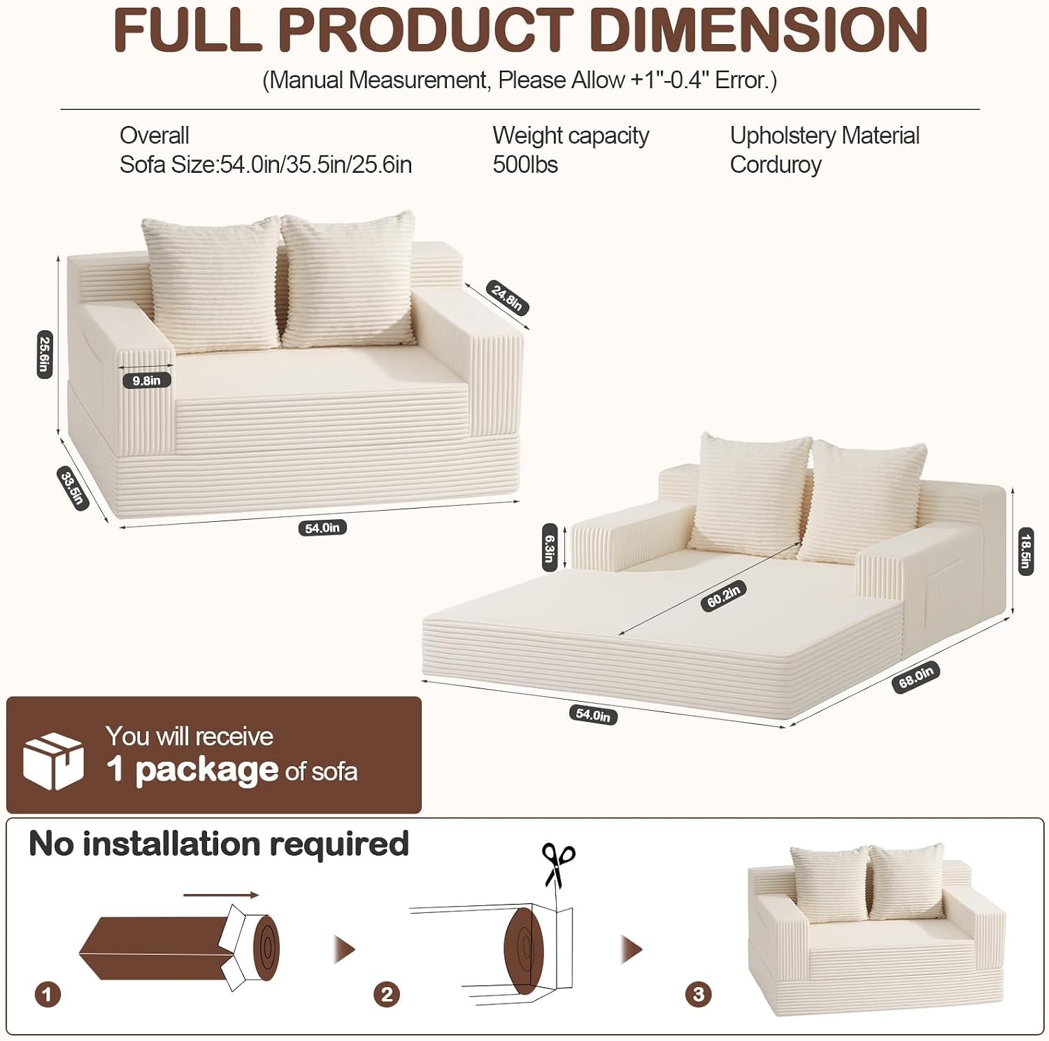 Boneless Loveseat Couch Folding Sofa Bed, Foldable Floor Futon Sleeper Couch Bed - Convertible Sofa Bed, Corduroy Pull Out Sofa Bed with 2 Pillows for Living Room & Bedroom