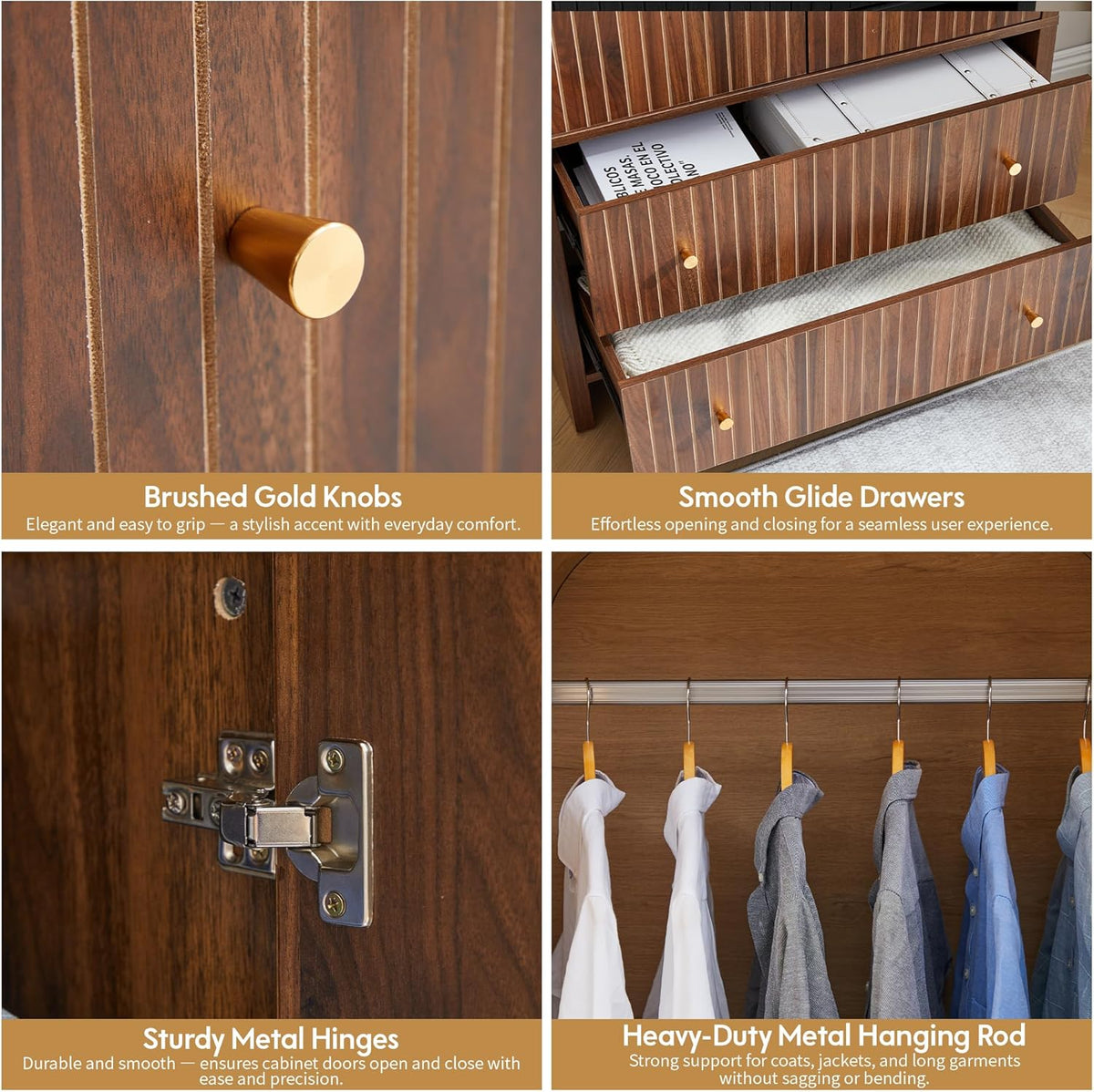 Detail collage showing brushed gold knobs, smooth glide drawers, metal hinges and the hanging rod inside the cabinet