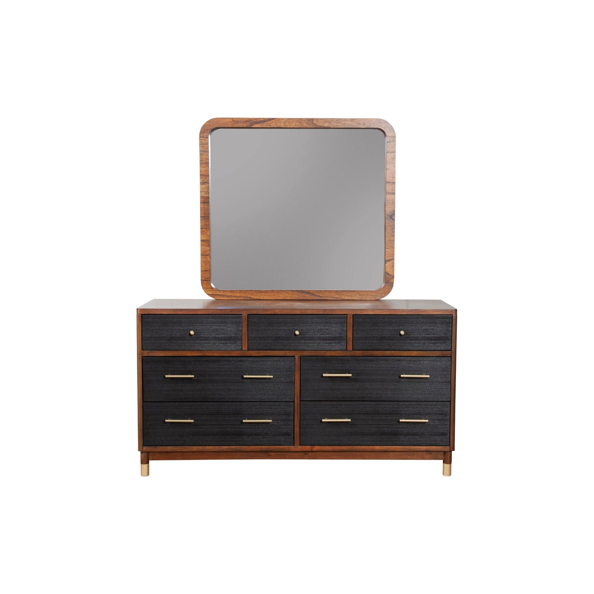 Brown-framed rectangular mirror above a dark dresser, straight-on view