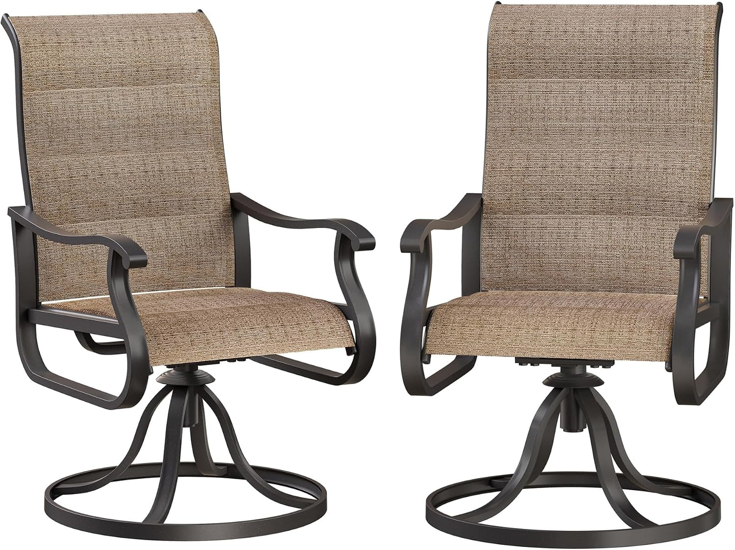 Pair of tan/brown-textilene swivel rocking patio chairs with dark metal frames on white background