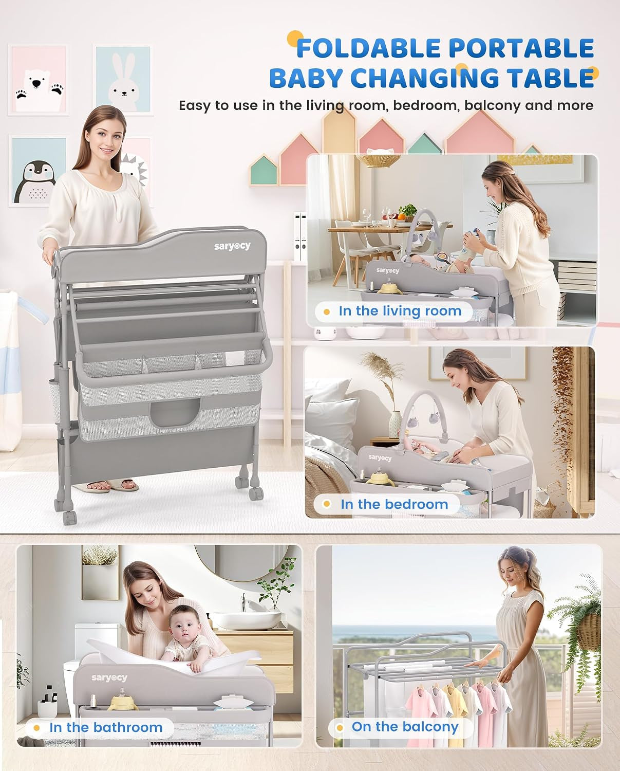 Folded changing table held by a woman with inset scenes showing the table used in living room, bedroom, bathroom and balcony