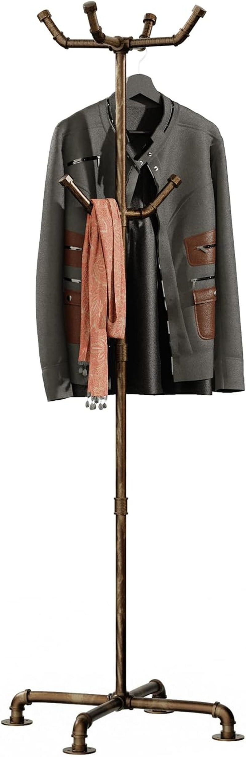Vintage gold metal pipe coat rack close front view with jacket and scarf displayed
