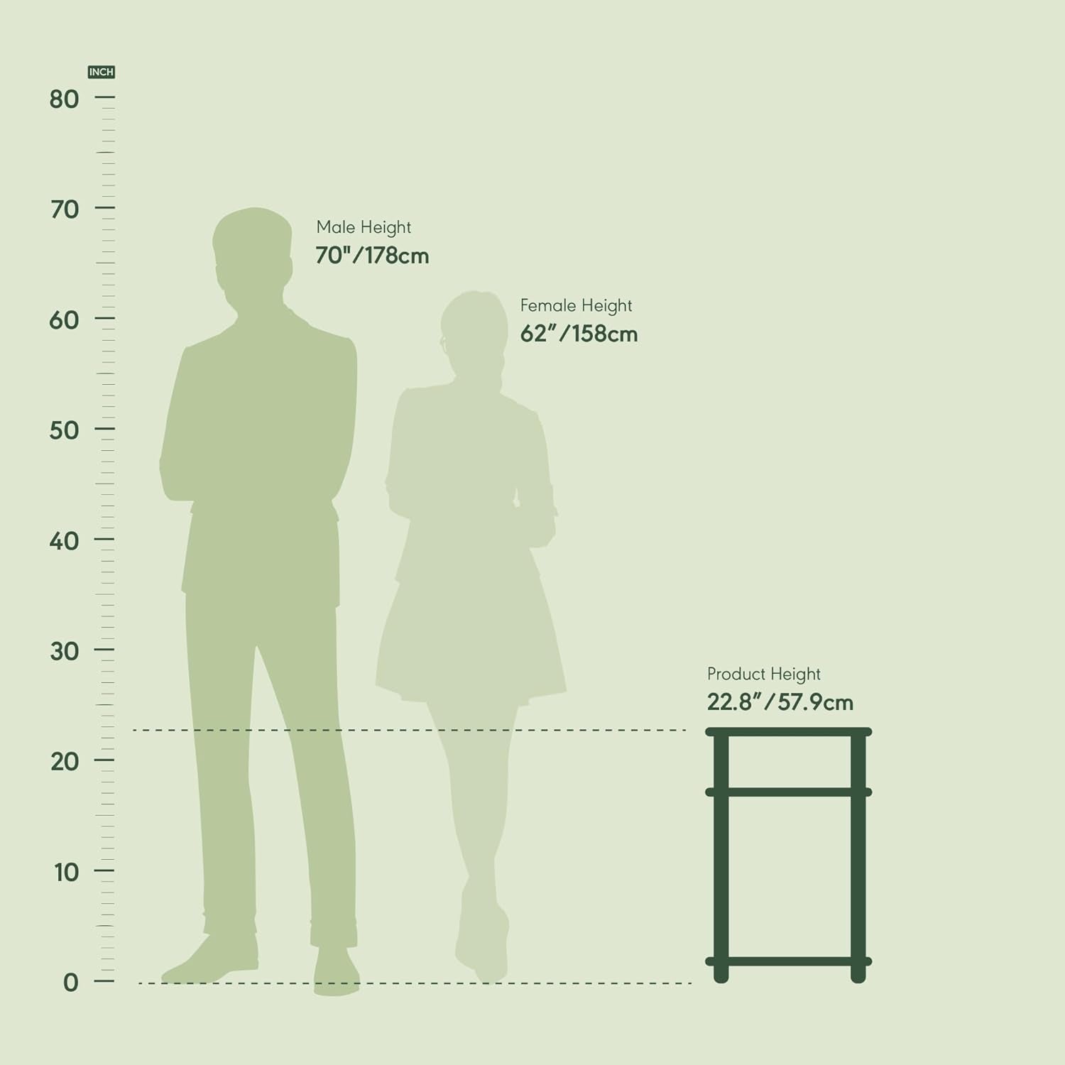 Scale diagram comparing the table height to male and female silhouettes with a side elevation of the table