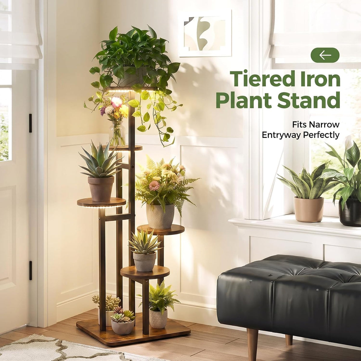 5-tier plant stand placed near an entryway showing its narrow footprint and staggered shelving beside a window