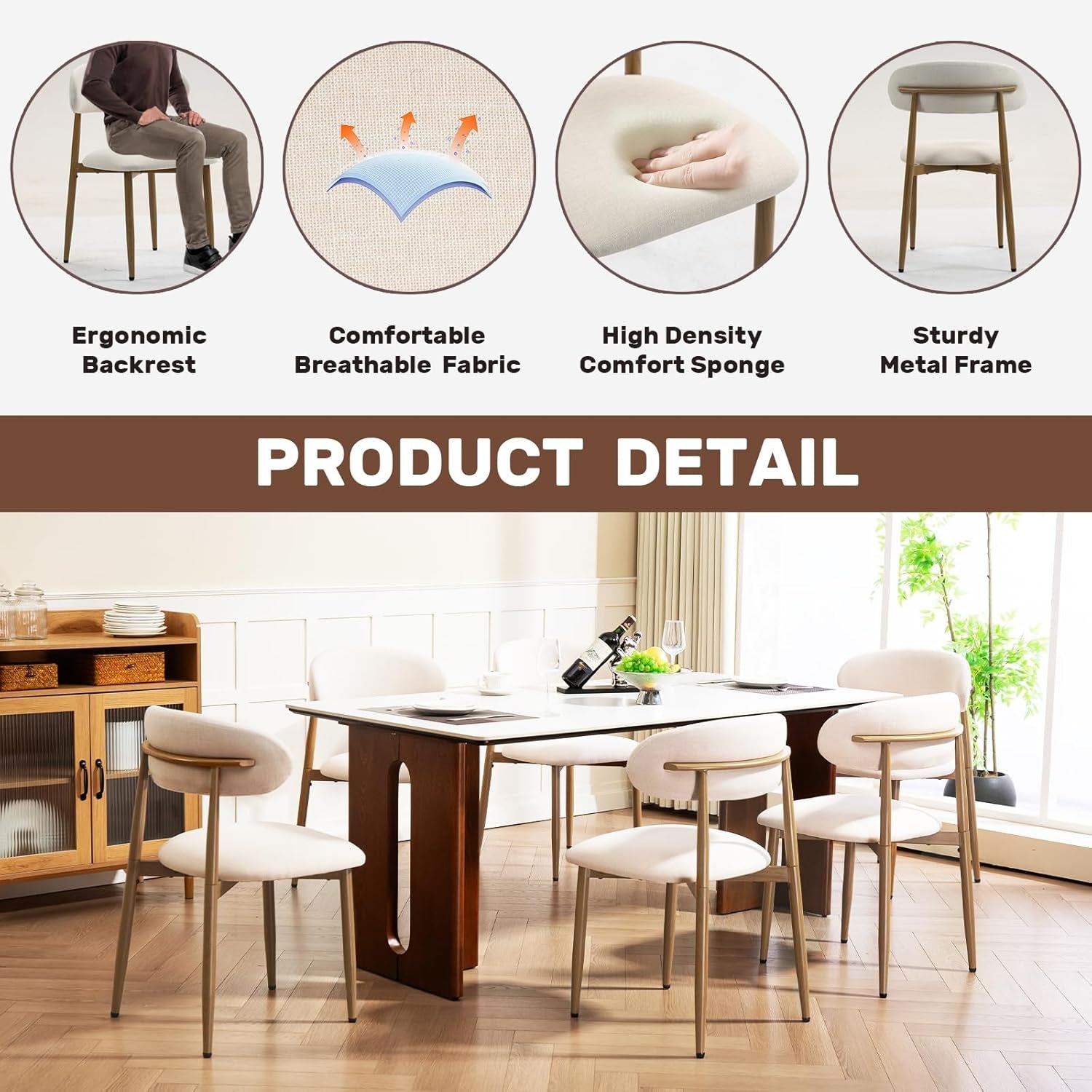Product-detail layout with four circular feature callouts above a staged dining room scene showing chairs at a rectangular