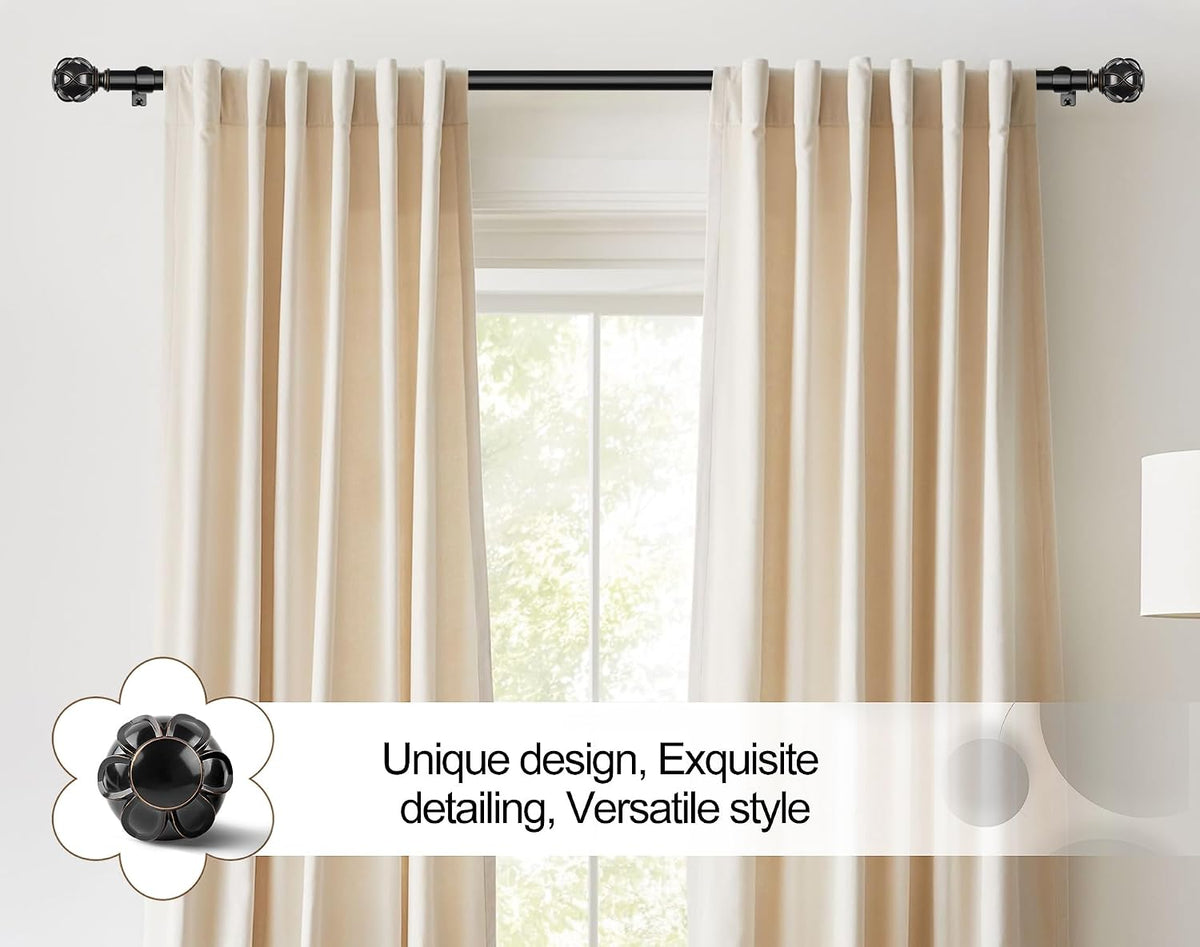 Window scene showing a black curtain rod with decorative round finials mounted above beige curtains.