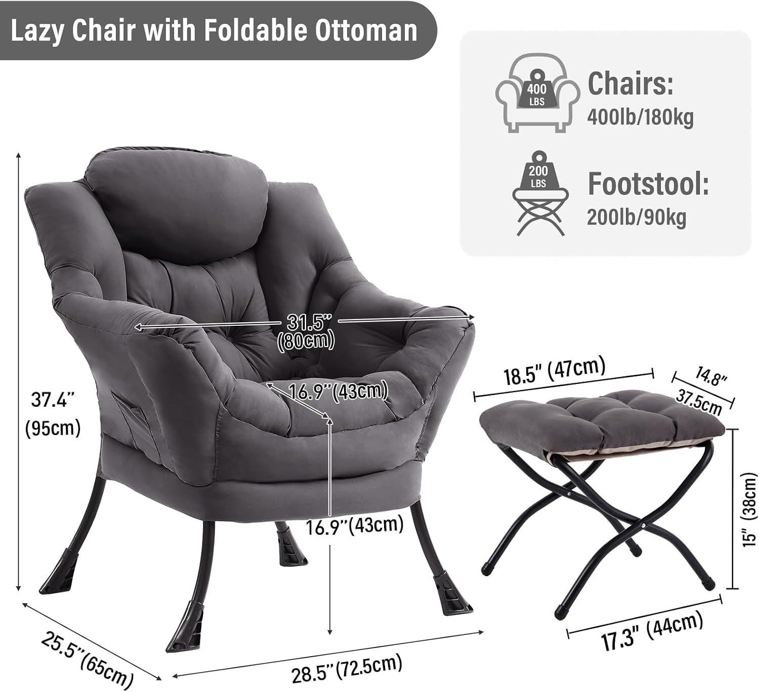 Product diagram of the dark grey chair and ottoman with arrows and measurements on a white background
