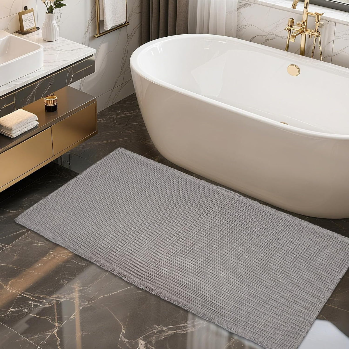 Light gray waffle bath mat laid beside a white freestanding tub and floating vanity.