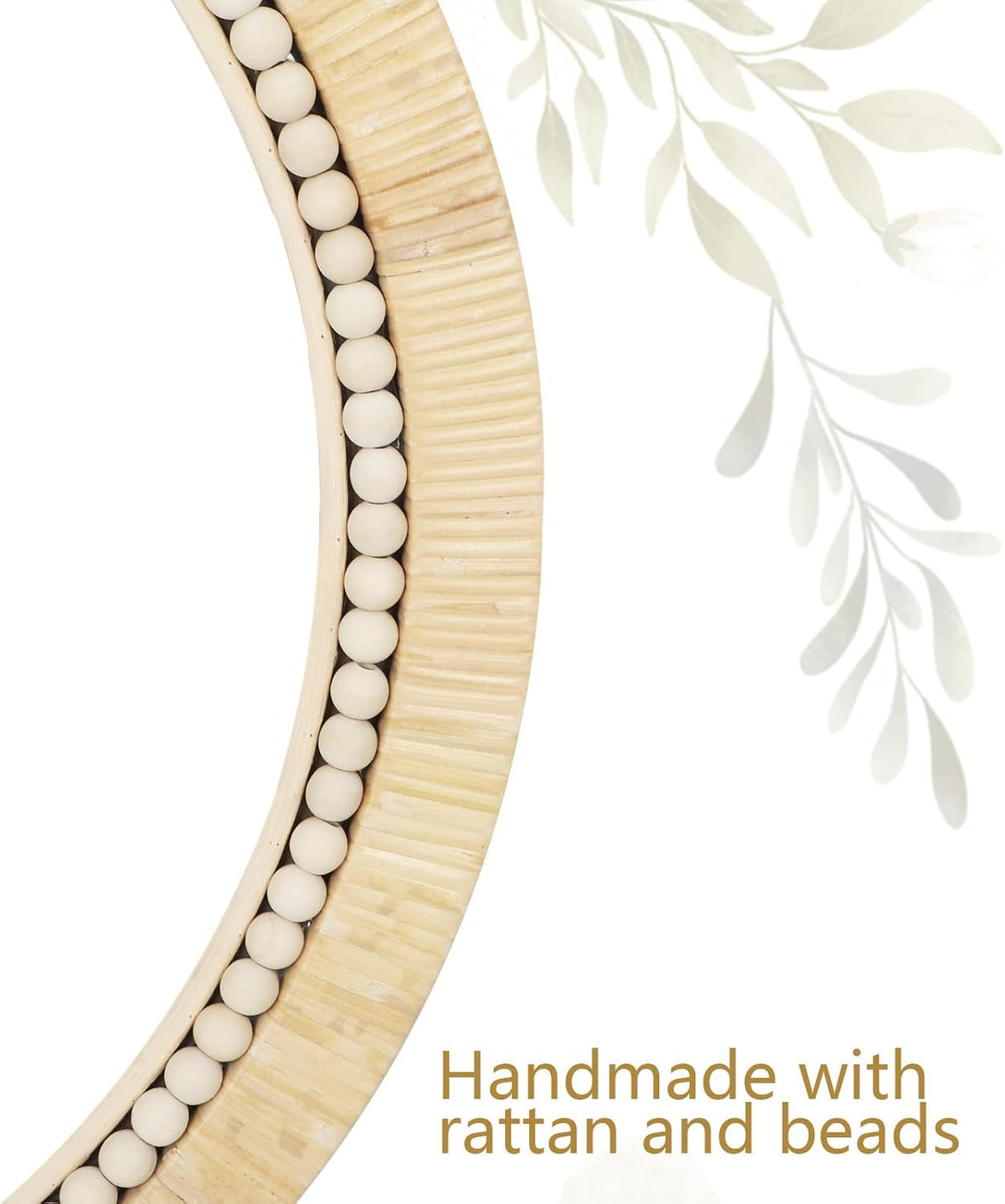 Close-up of the mirror’s woven rattan frame with an inner row of evenly spaced round wooden beads.