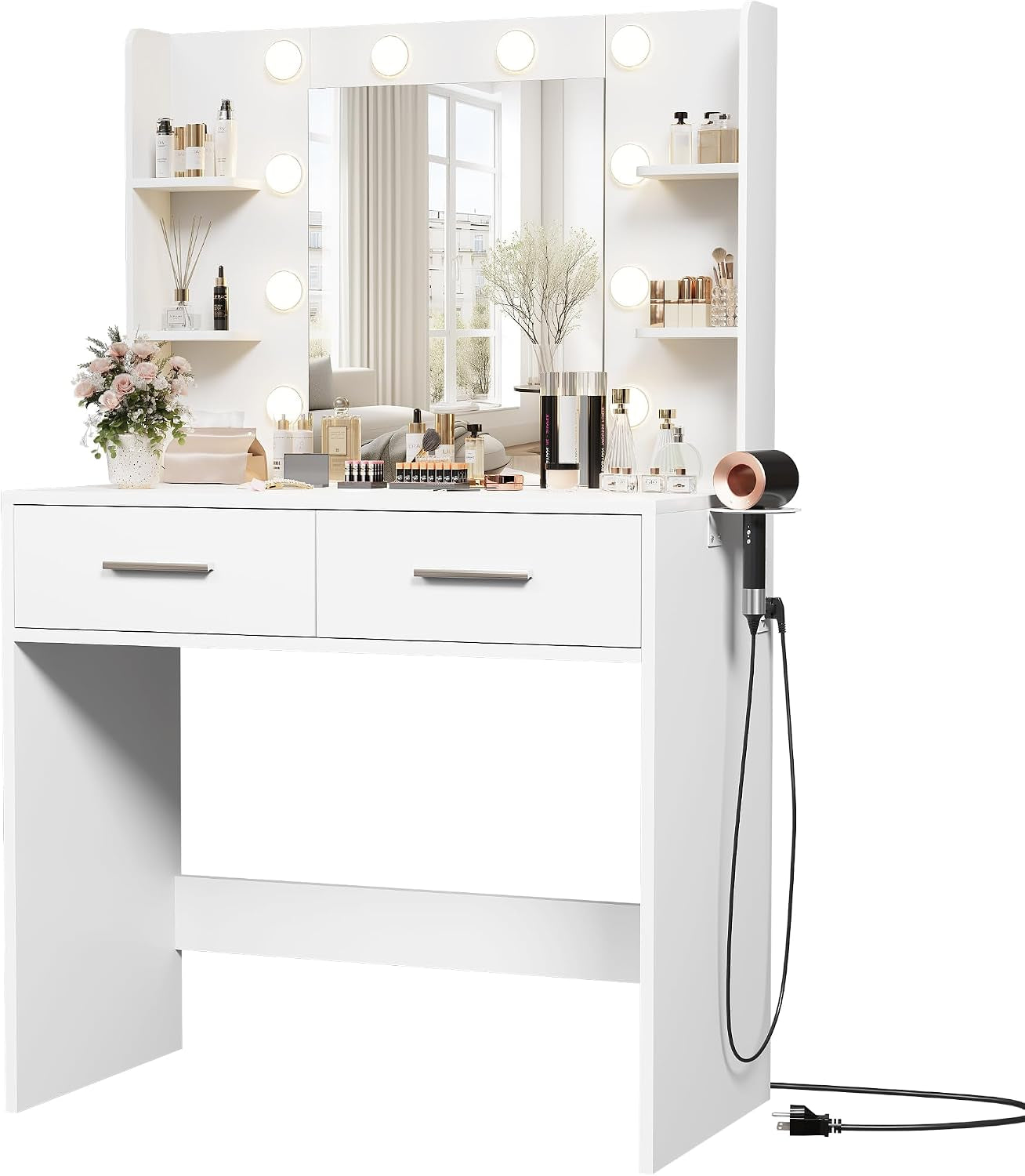 White vanity desk with lit mirror bulbs, two drawers, built-in side shelves, matching bench and hair dryer mounted at side.