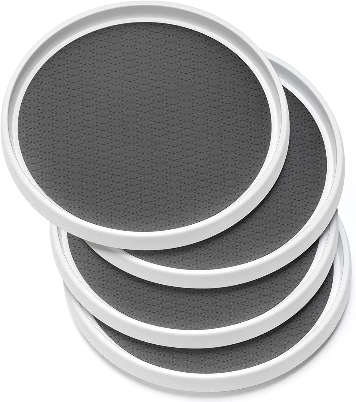Close-up stacked white-rim round turntables showing the molded diamond-textured dark surface and rim