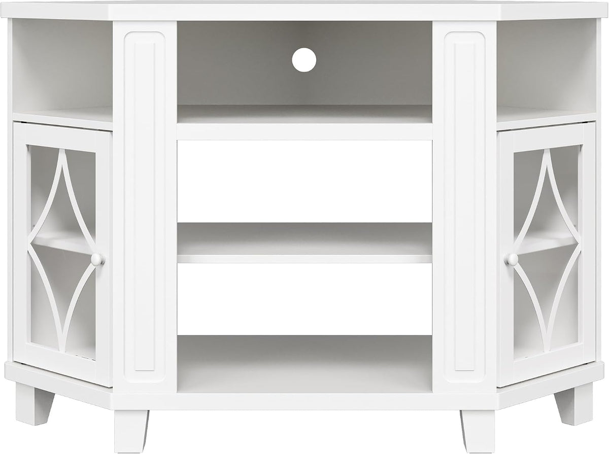 Straight-on close crop of the white stand showing the central open shelves and round cable pass-through hole.