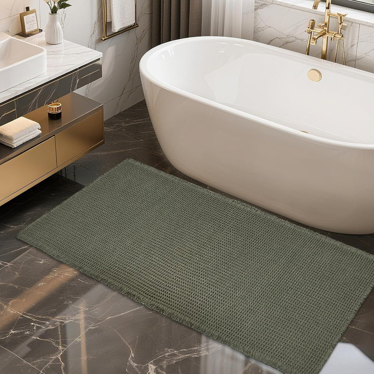Olive-green waffle runner-style mat positioned next to a freestanding tub and gold faucet