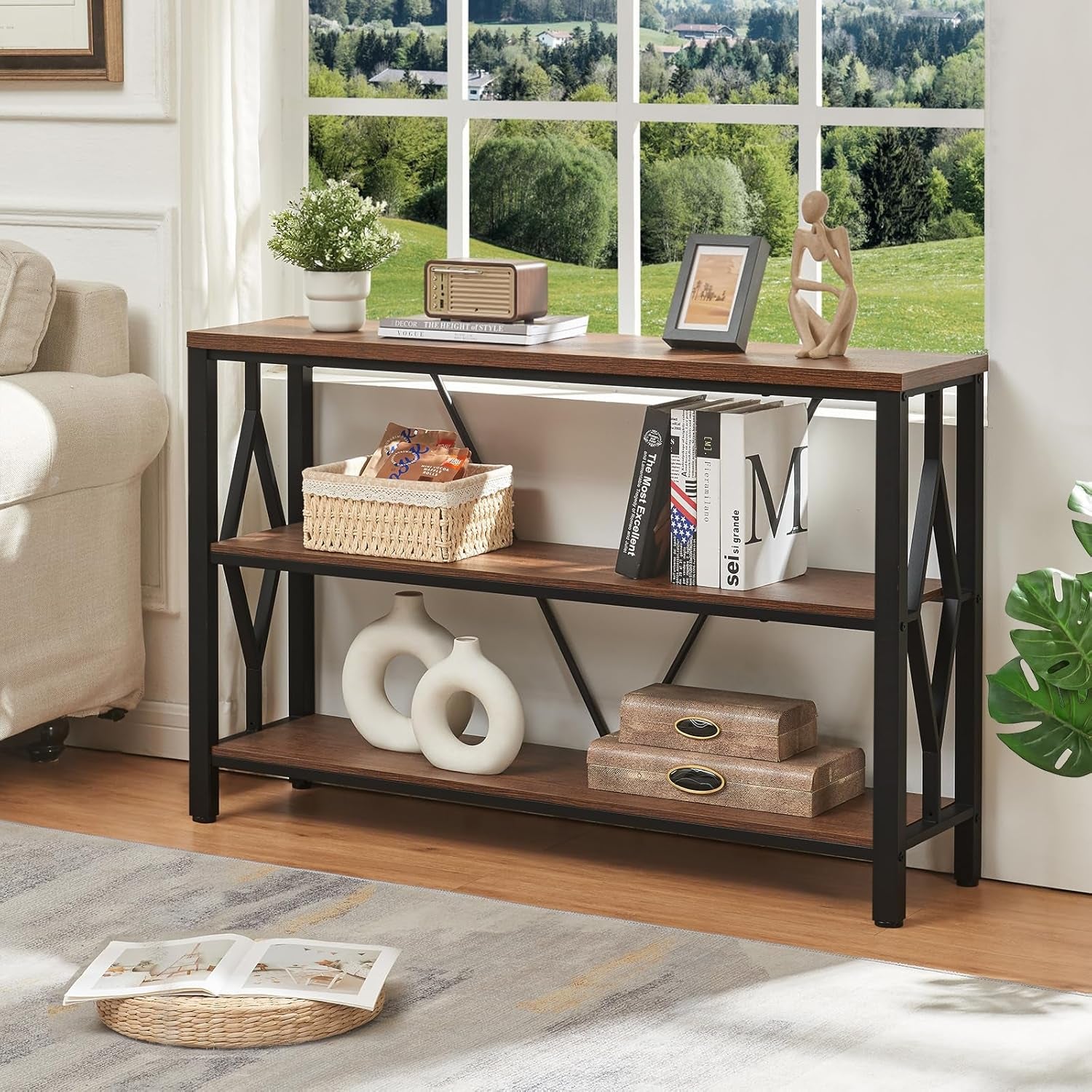 Close-up of diamond-shaped metal side supports on rustic brown console table showing side detail