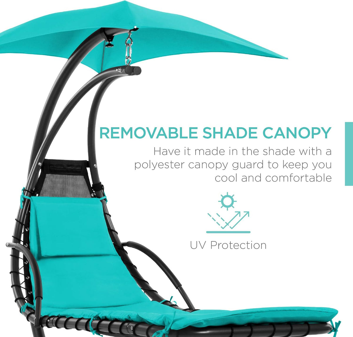 Close-up of the removable teal canopy, hanging hardware and the padded headrest on the curved frame.