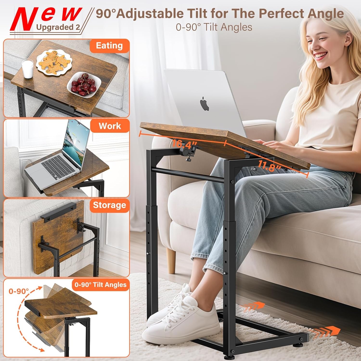 Collage showing table used for eating and working, and a woman using a tilted brown wood-top table with laptop.