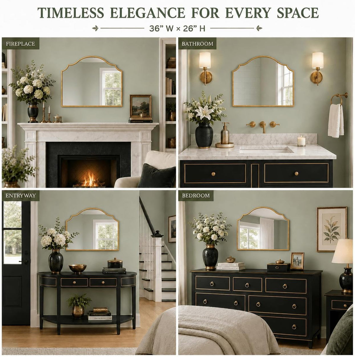 Four-panel collage showing the scalloped gold mirror styled above mantel, vanity, console, and dresser in different rooms.