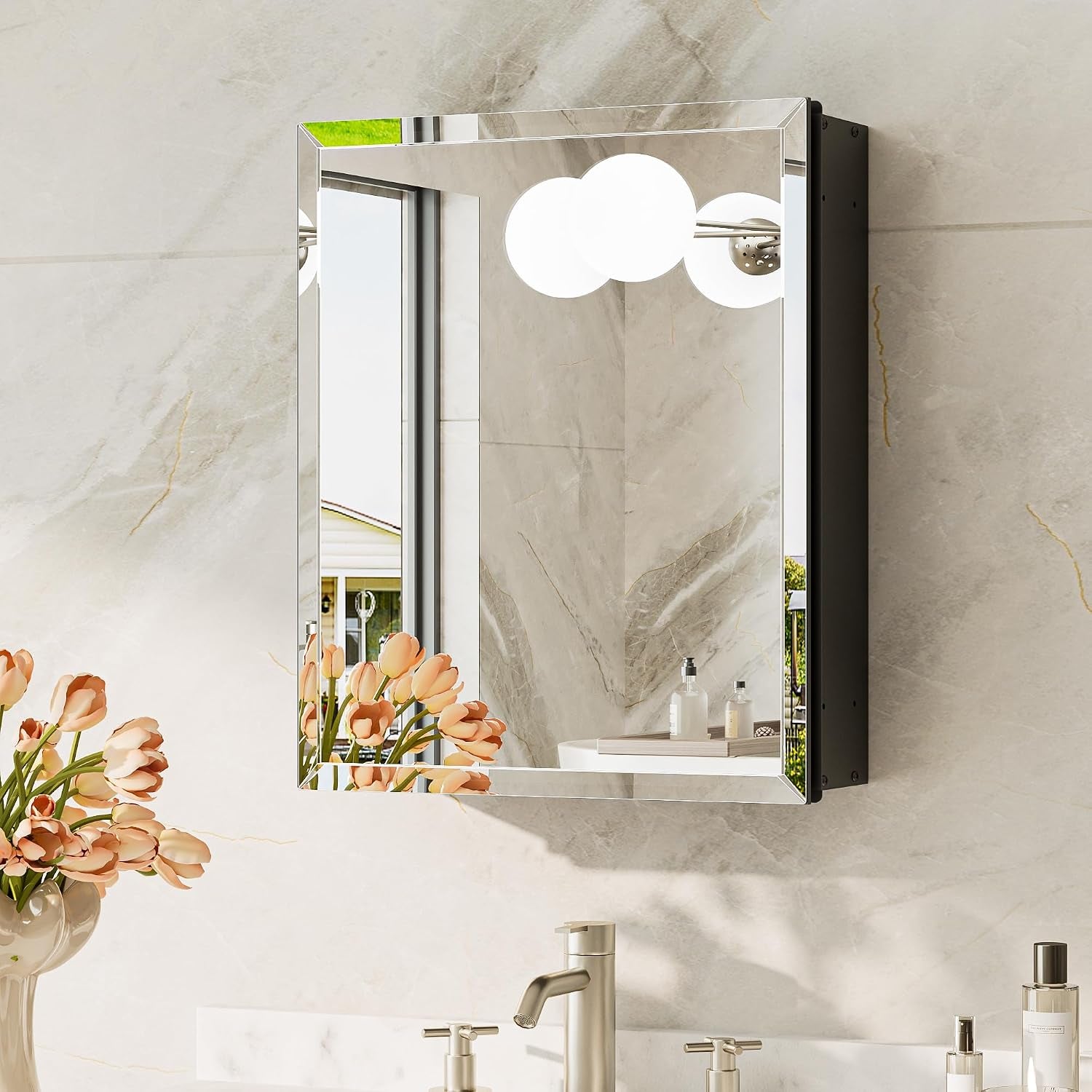 Angled side view of a single mirrored medicine cabinet showing its dark recessed box and beveled mirror edges.