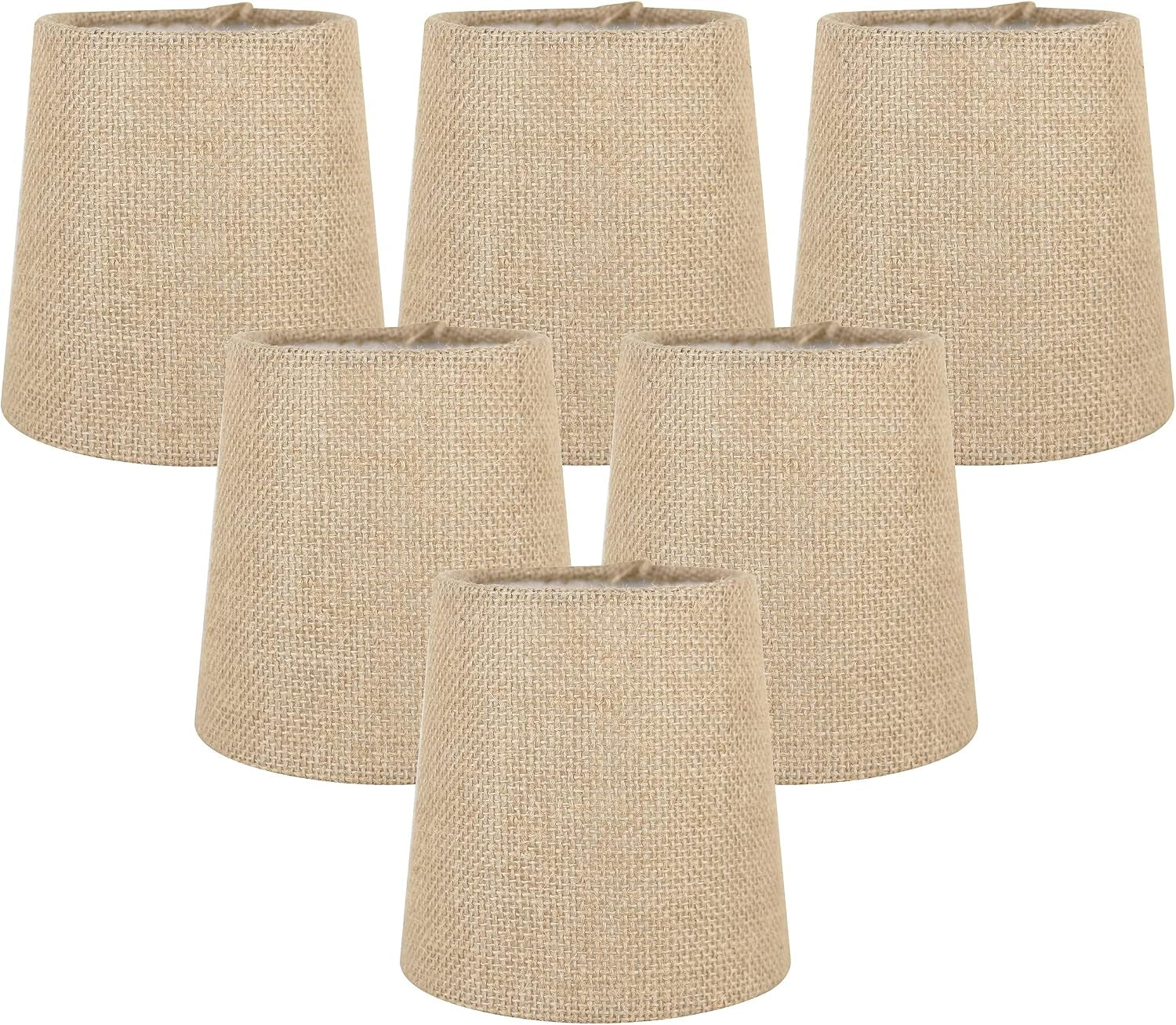 Set of five natural burlap clip-on shades arranged in two rows on white background.