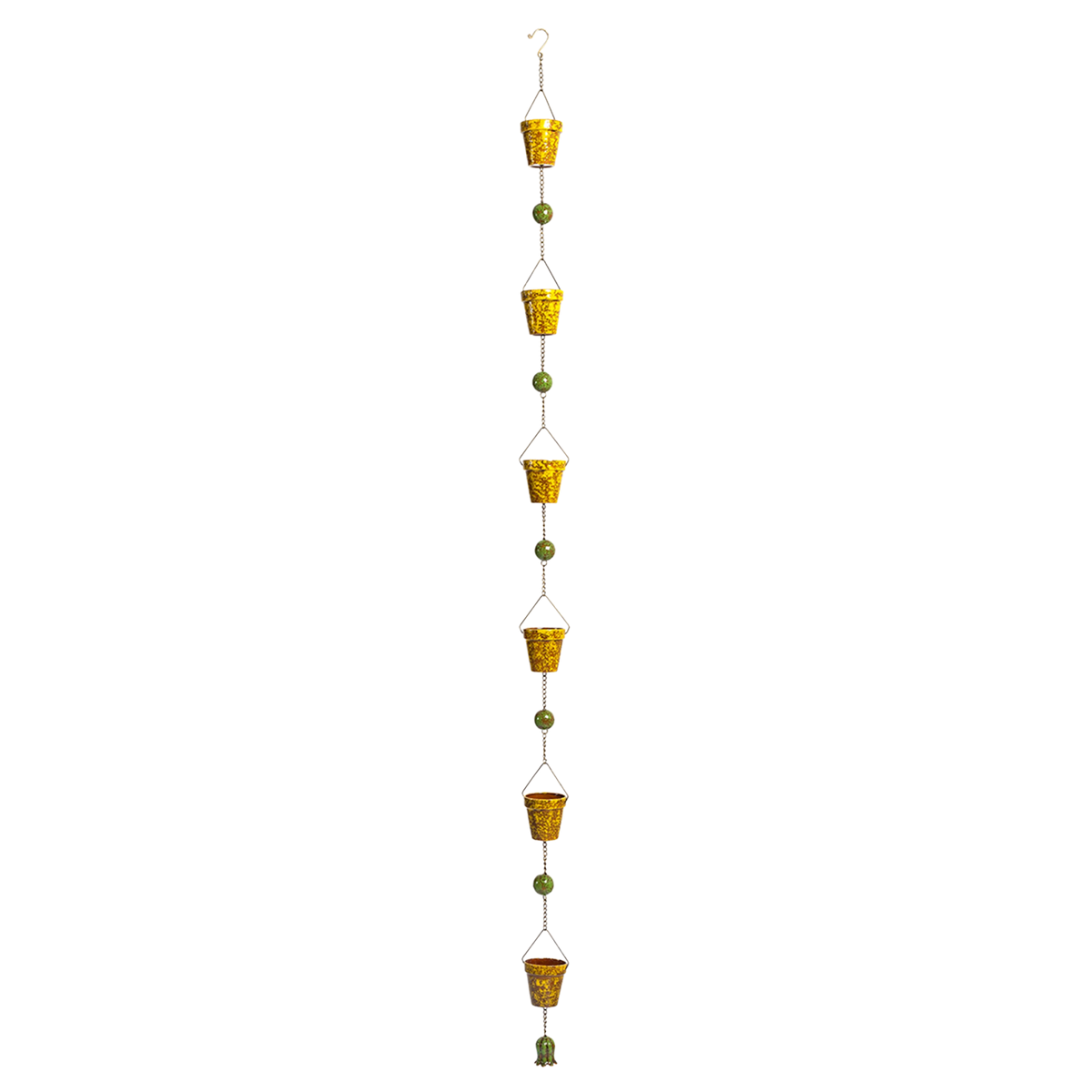 A vertical chain of yellow buckets and green beads with a small ornament at the bottom.