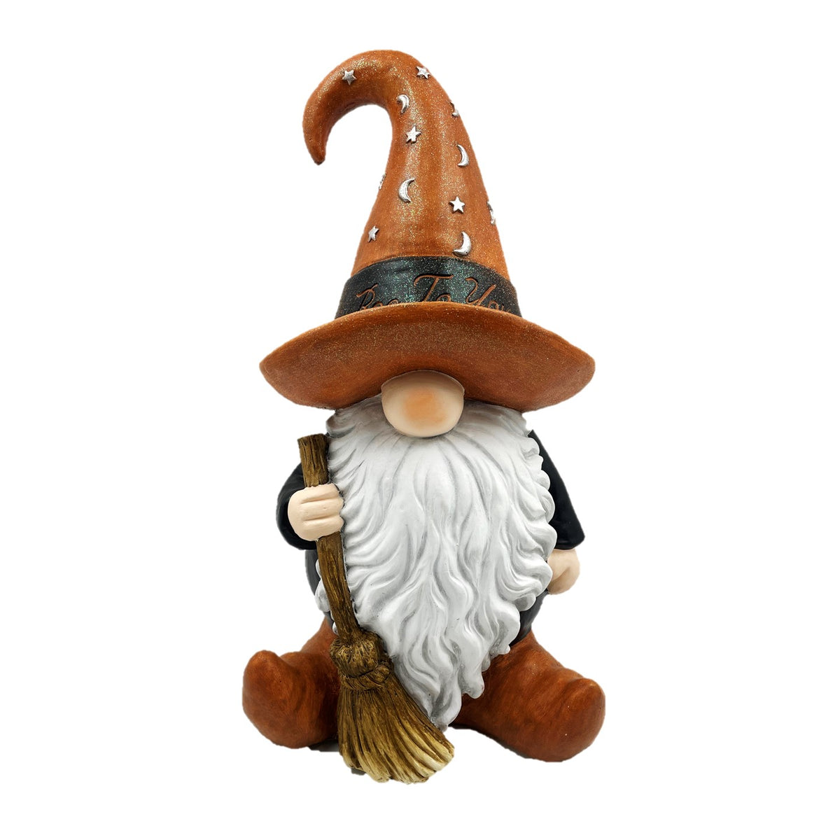 Warlock garden gnome with orange-brown hat and broom, shown against a white background