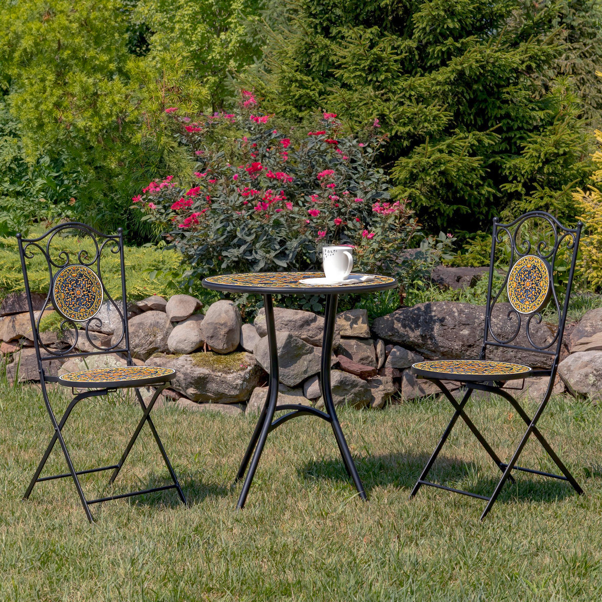 "Newport" Three Piece Mosaic Bistro Set - Gold, Blue & Orange