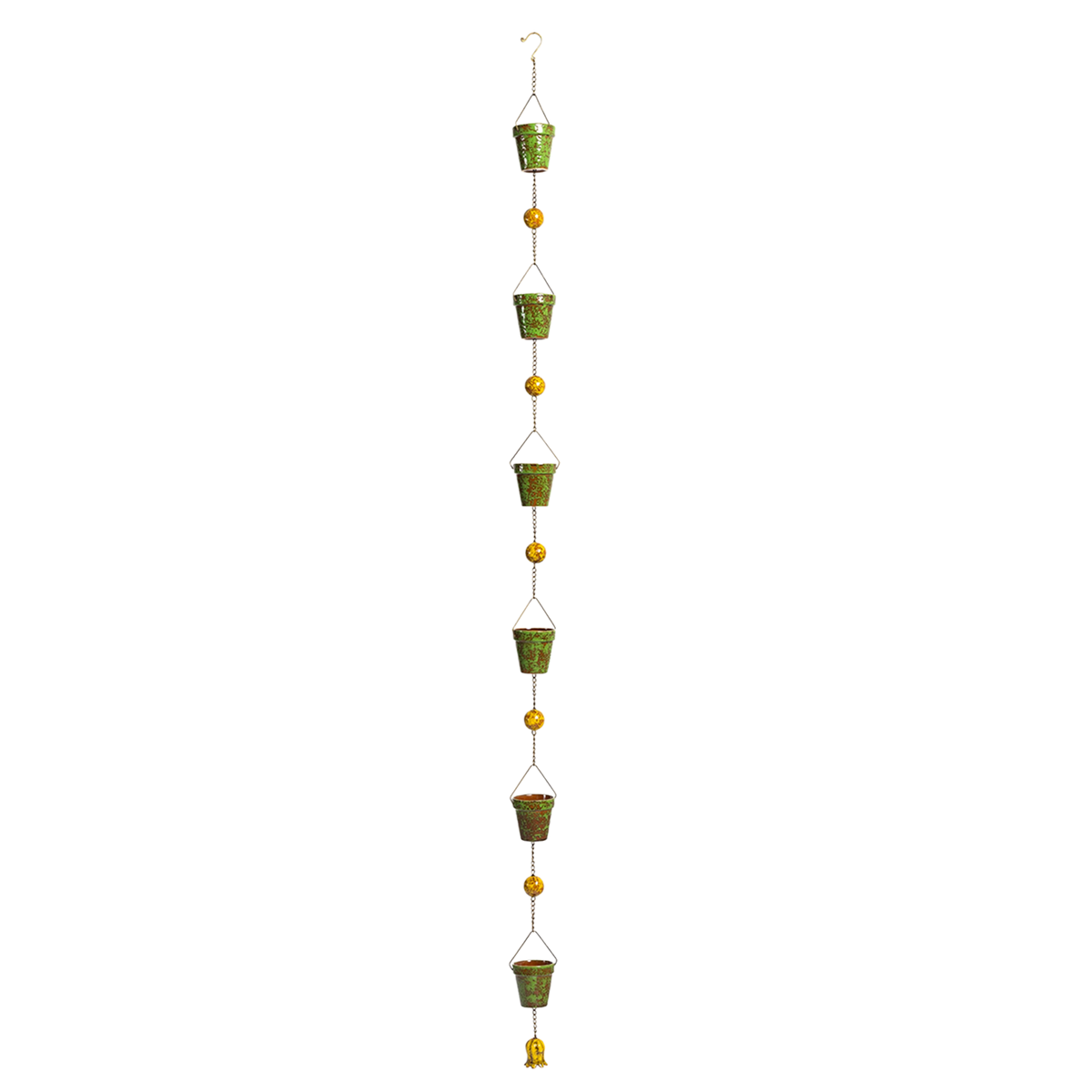 A vertical rain chain with green bucket-shaped cups and yellow beads on a black background.