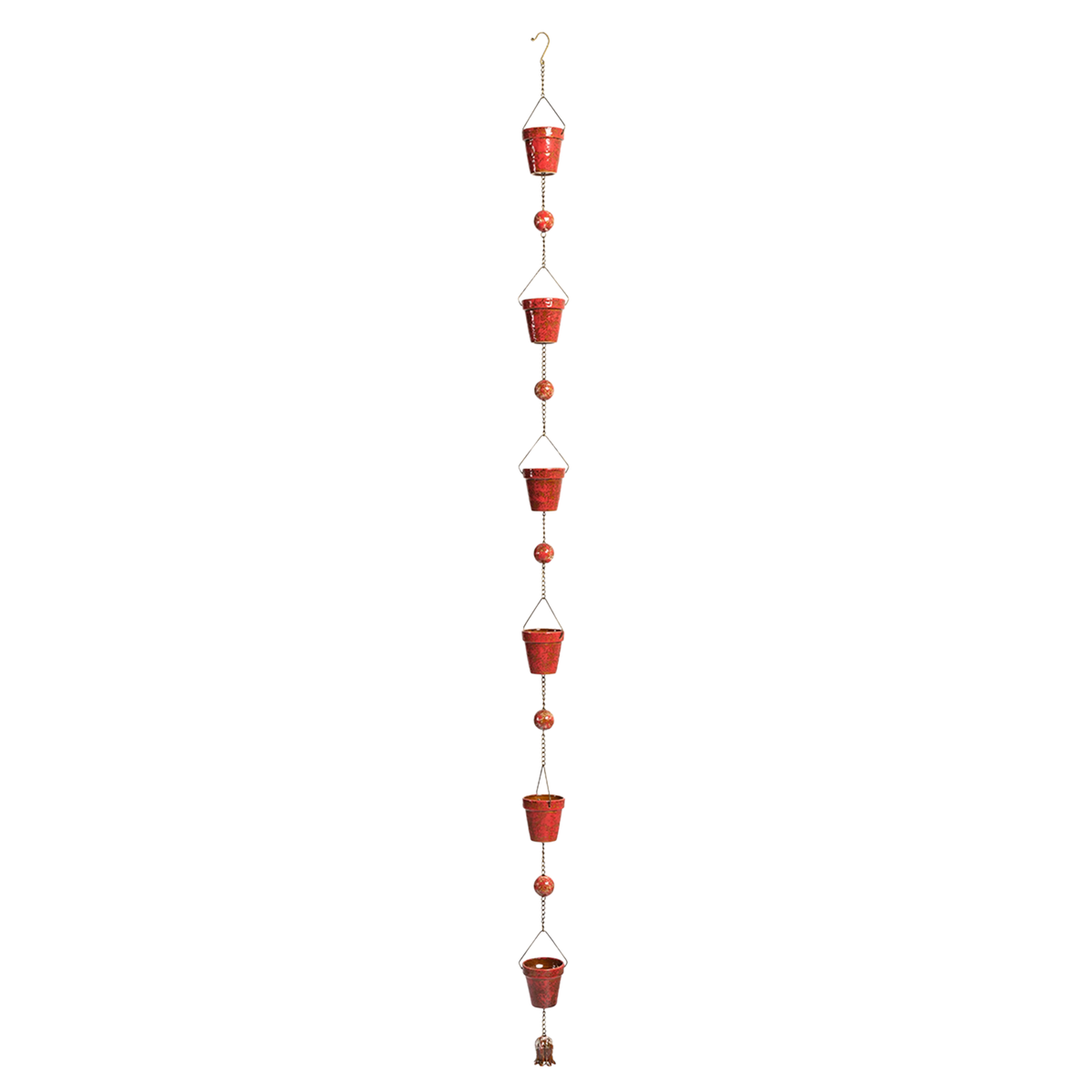 A vertical rain chain with red bucket-shaped cups and small multicolored beads, shown against a black background.